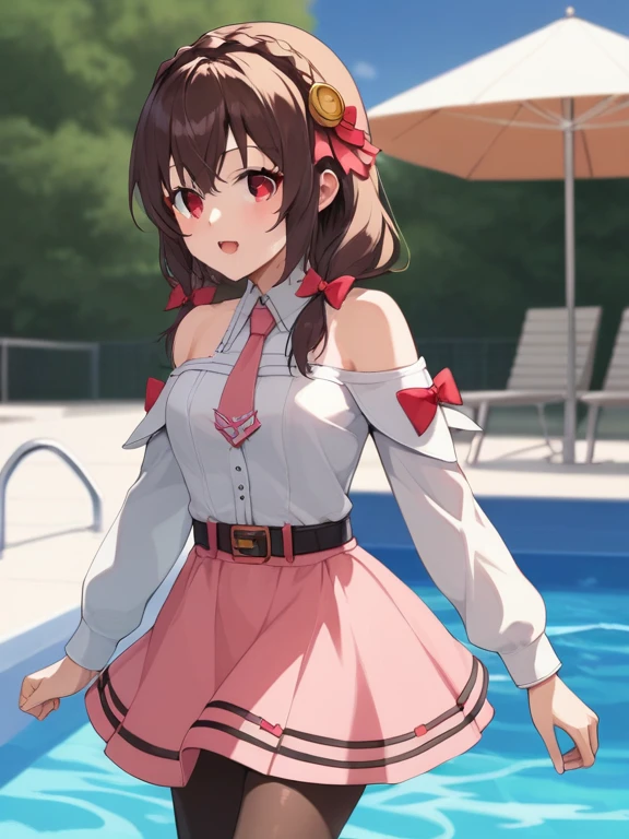 alone, One girl, Yunyun, (smile:1.2)、 (blush:1.2)、Crown braids of the same color as your hair, Red Eyes、hair ornaments, Hair Ribbon, Pink tie, Long sleeve, Pink Skirt, Knee socks, Cleavage, The pool entrance is in the background.、Looking back