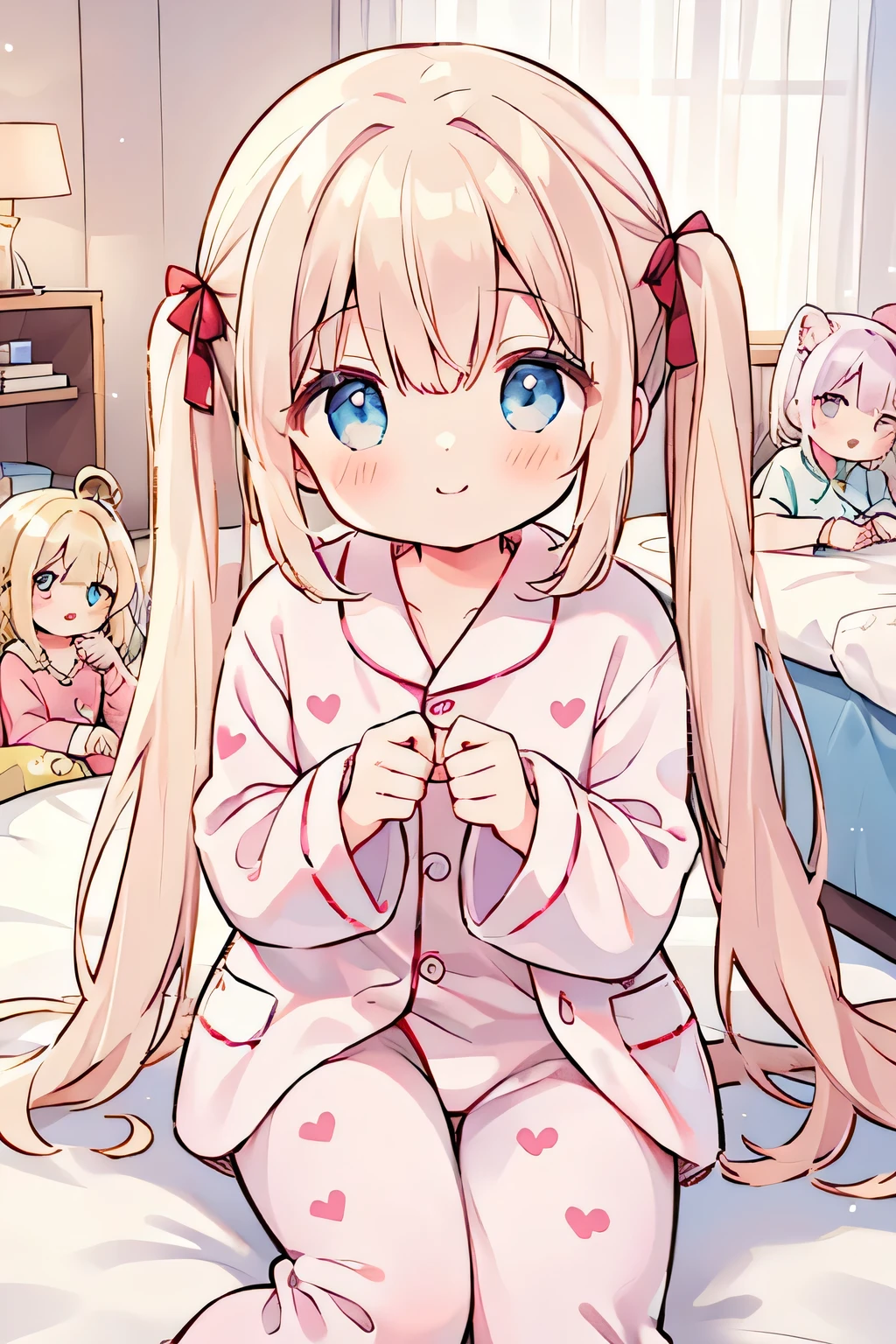 Highest Quality、high definition、(high image quality:1.3)、masterpiece、very detailed face、(detailed eyes:1.3)、age beauty、anatomically correct、twin tails、smile、cute仕草、
(Girls gather in the room to enjoy a pajama party:1.5)、
Costumes with animal motifs such as kittens and rabbits、The whole room is wrapped in a soft atmosphere of pink and pastel colors、cute