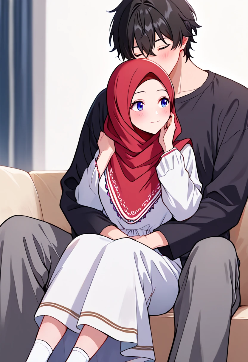 Muslim husband and wife sitting together. The wife is studying with her head on her husband's chest.