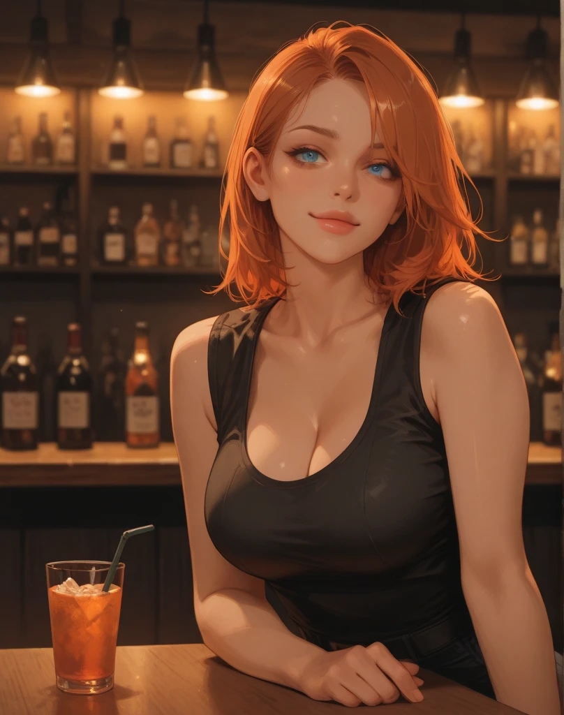 A orange hair white woman with a body wearing a green crop top and brown pants in a bar and has a (smug confident expression:1.3) and is surrounded by black men without shirts
