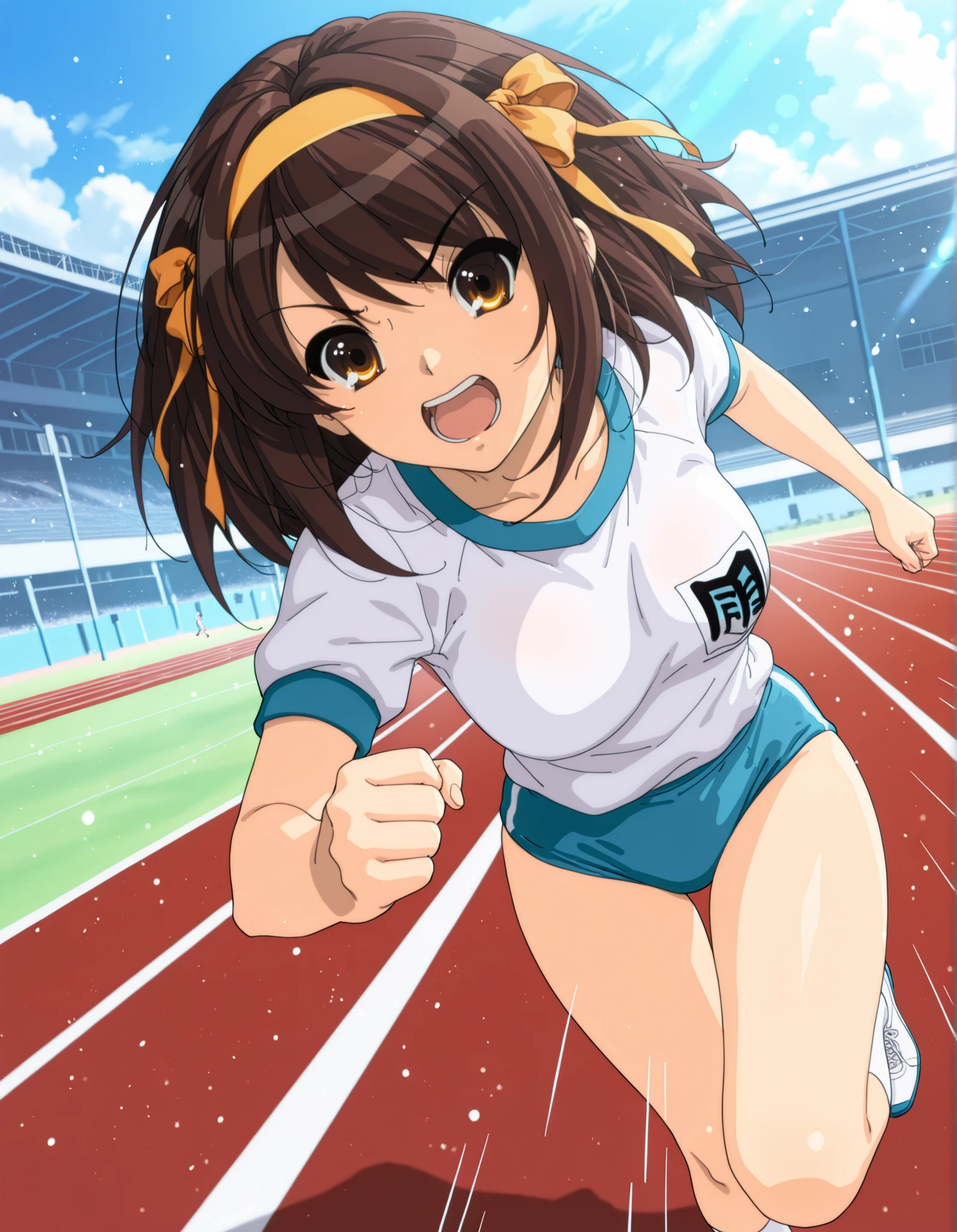 Masterpiece, best quality, high res, 8k, solo, solo focus, 1girl, sysdeep_haruhi, suzumiya haruhi in her gym uniform running at super speeds, speed force, high school track background, daytime, speed lines, full shot, running towards viewer, light particles showing super speed, Dutch angle.