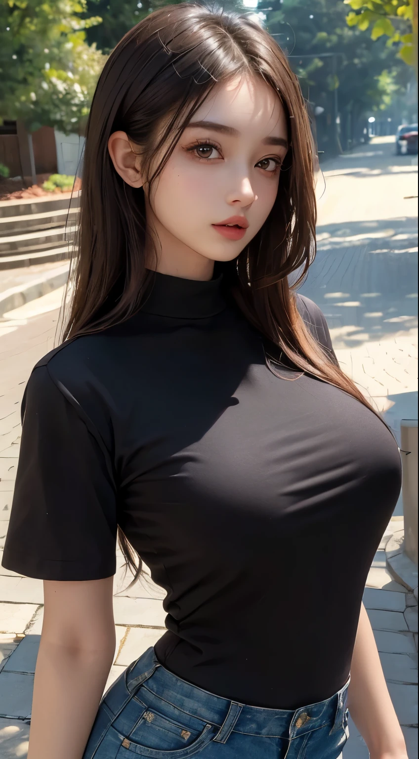 ((top quality, 8k, masterpiece: 1.3)), sensual woman, 1 girl, (slender figure: 1.2), dark brown hair, (outdoor, shirt, shorts: 1.1), ultra detailed face, detailed lips, detailed eyes, double eyelids, (huge breasts: 1.2)