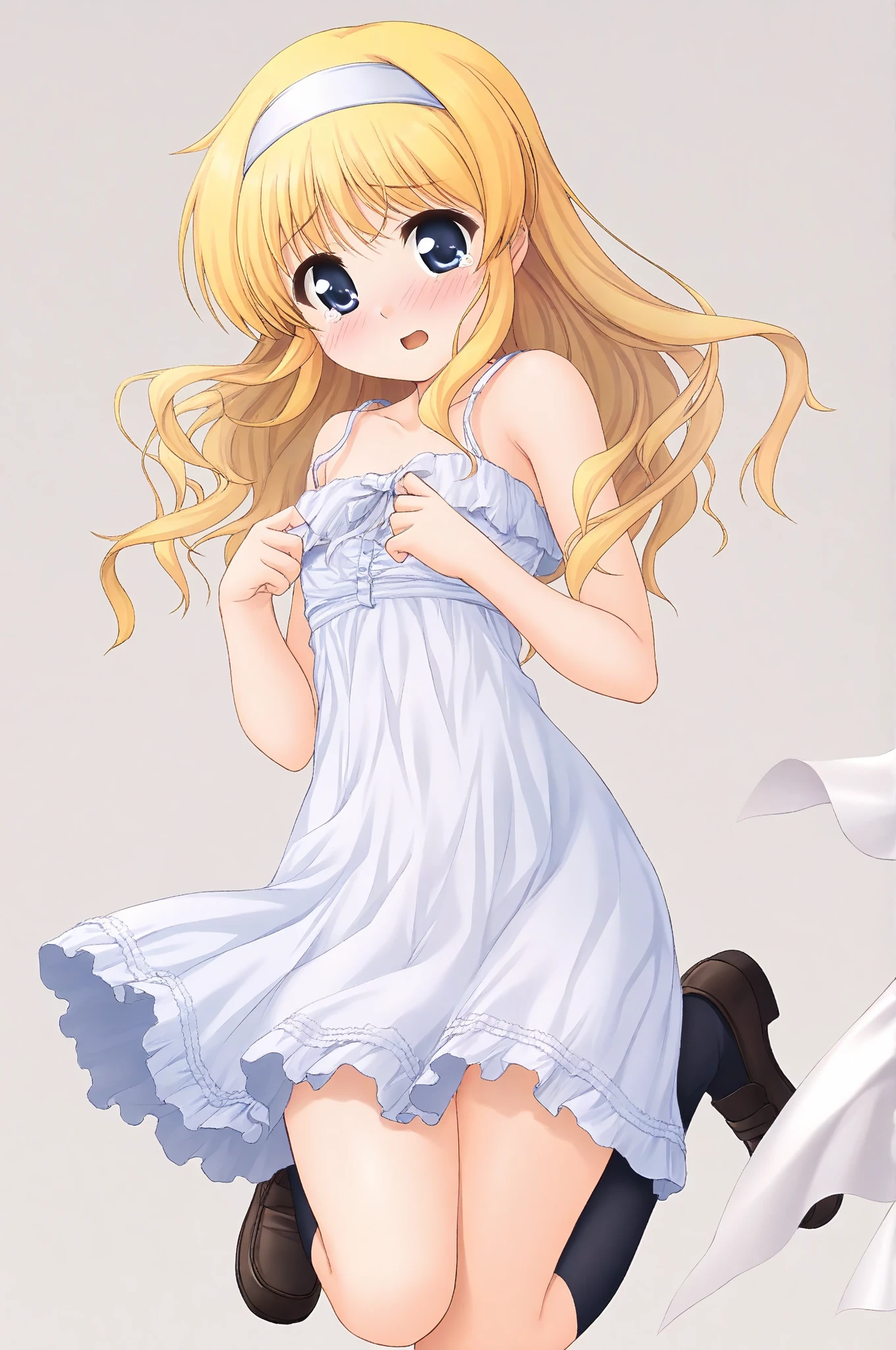 <lora:Crimvael:0.4> Masterpiece, best quality, little young boy, floating, (White dress:1.5), covered testicles, flat chest, flushed, smile, broken halo, looking at viewer, long blonde hair, black lycra shorts, 2 angel wings on the back, barefoot, gas lamps, dim lighting, background medieval tavern
