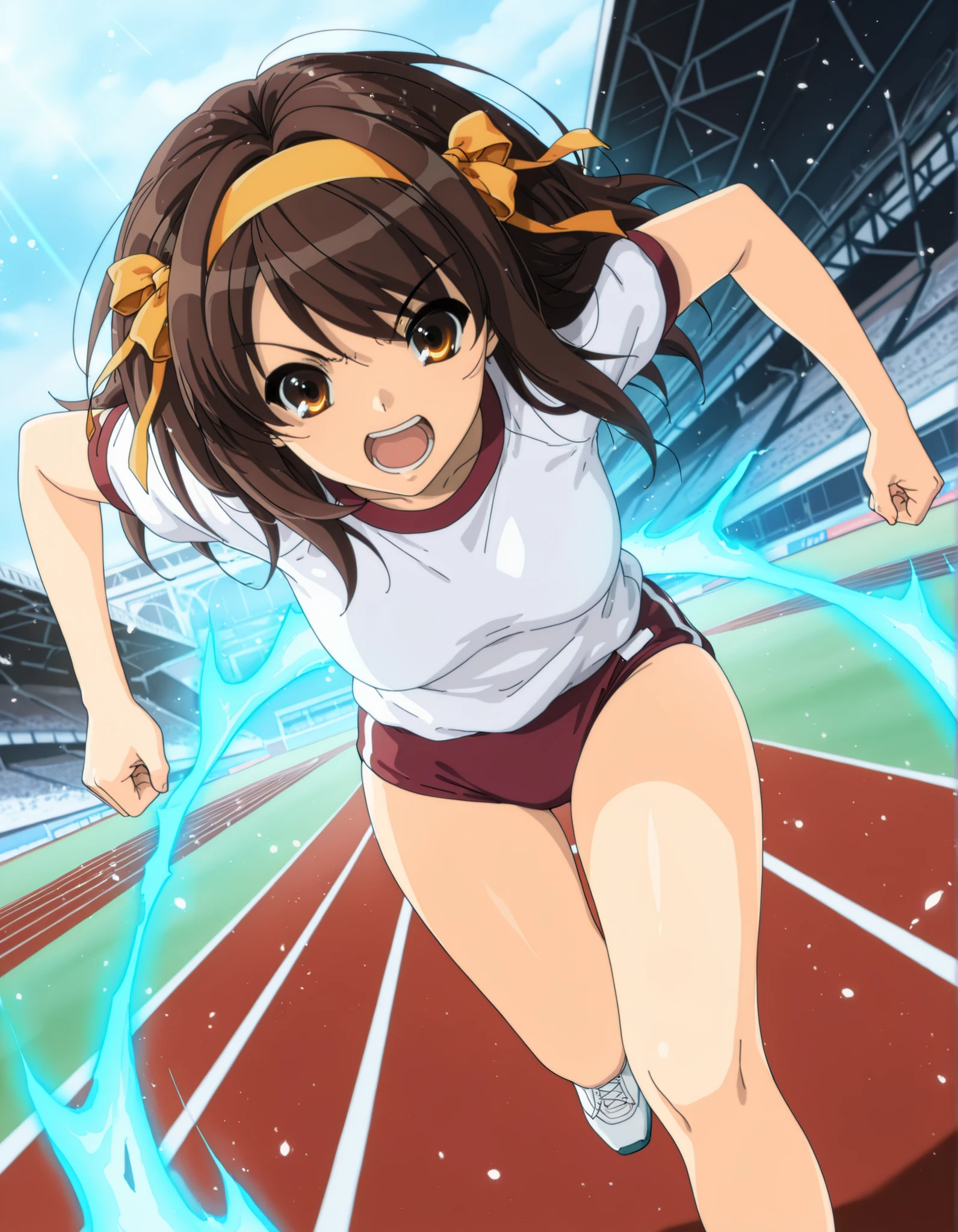 Masterpiece, best quality, high res, 8k, solo, solo focus, 1girl, sysdeep_haruhi, suzumiya haruhi in her gym uniform running at super-speed, blue energy waves, high school track background, daytime, speed lines, full shot, running towards viewer, light particles showing super speed, Dutch angle.