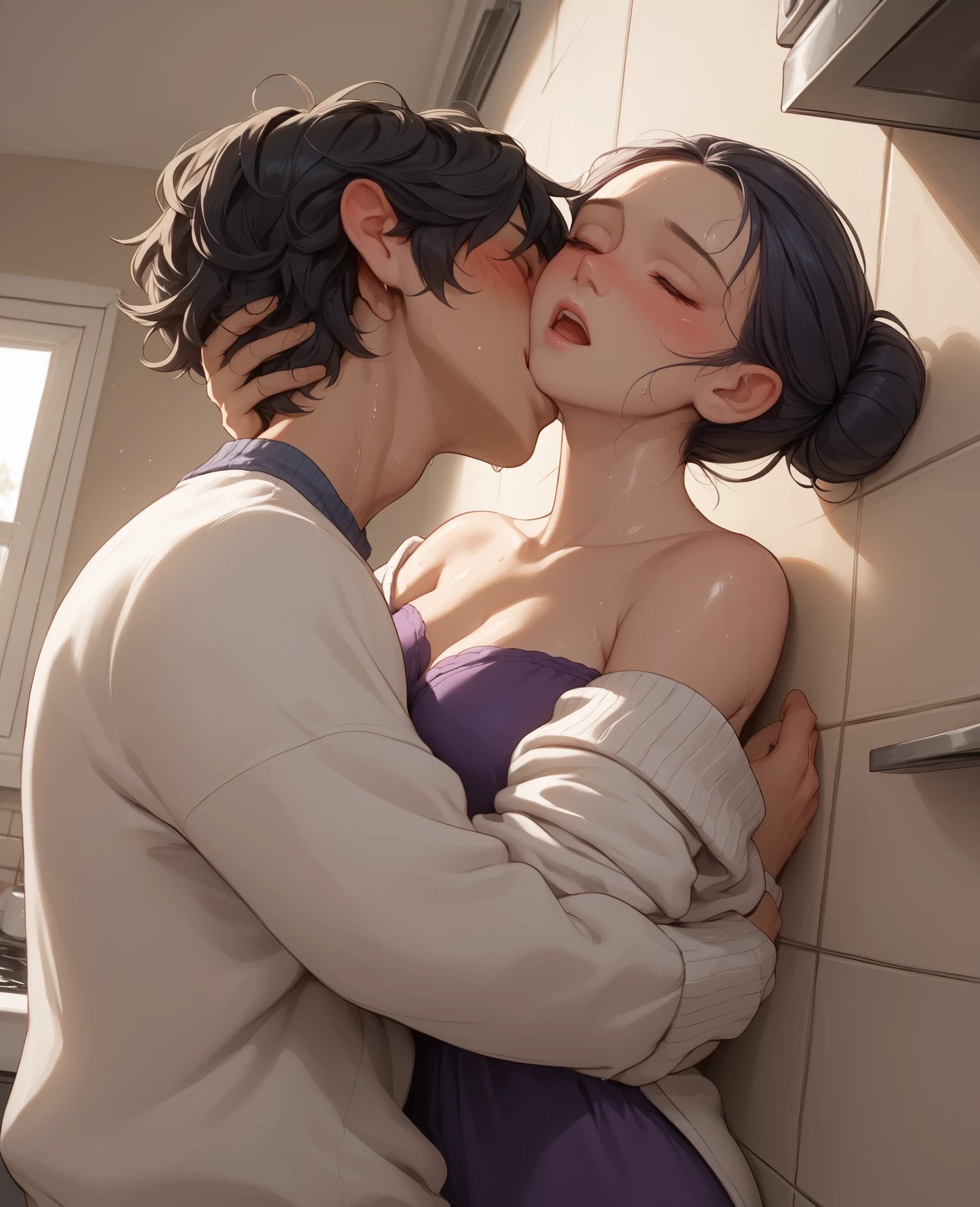 score_9, score_8_up, score_7_up, 1woman, solo, hair, closed eyes, white milky porcelain skin, white-skinned female, black hair in a bun, lovely medium breasts, short, thick, perfect body, purple dress, white cardigan, messy clothes, exposed shoulder, sweat, female organism, open mouth, looking at viewer, head tilt, nose blush, blush, indoor, kitchen, day time, late night, shiny skin, against wall, standing , upper body, 1woman, 1boy (faceless, face on girl's face,
intense kiss, deep kiss, kiss ), hug. Dutch angle.