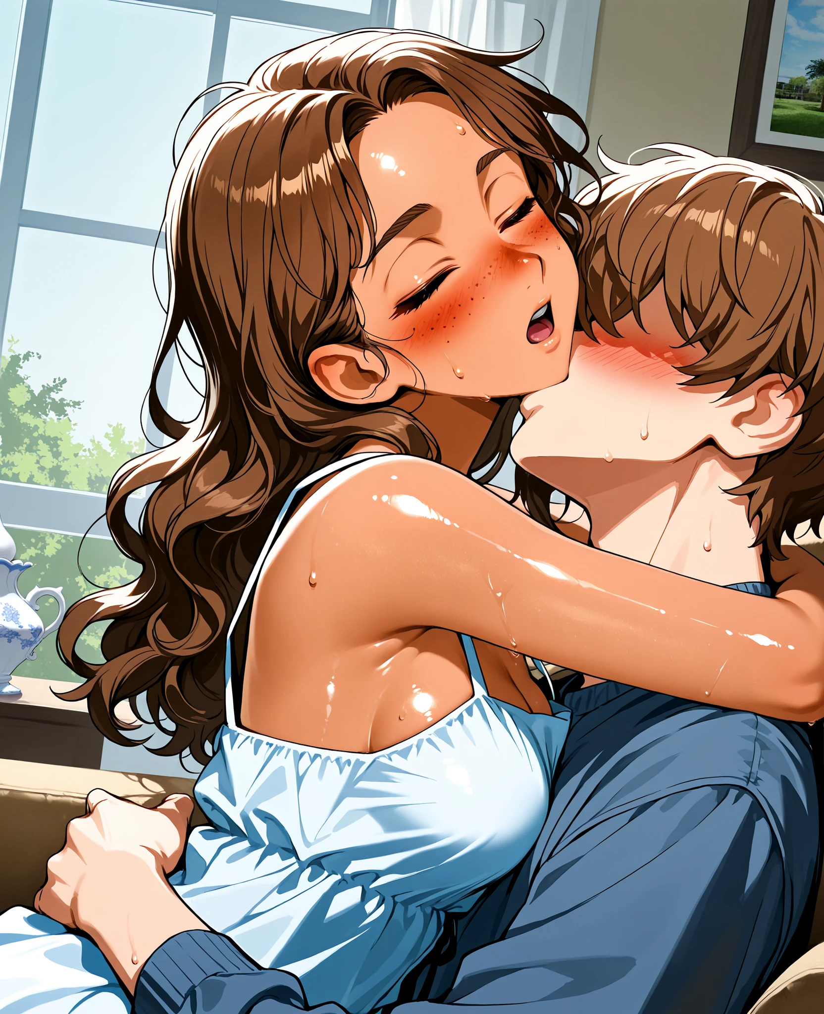 score_9, score_8_up, score_7_up, 1woman, solo, hair, closed eyes, white milky porcelain skin, white-skinned female, freckles, long wavy brown hair, lovely medium breasts, perfect body, black lacy sundress, sweat, female organism, open mouth, looking at viewer, head tilt, nose blush, blush, indoor, living room, day time, shiny skin, against couch, sitting , upper body, 1woman, 1boy (faceless, face on girl's face,
intense kiss, deep kiss, kiss ), hug. Dutch angle.