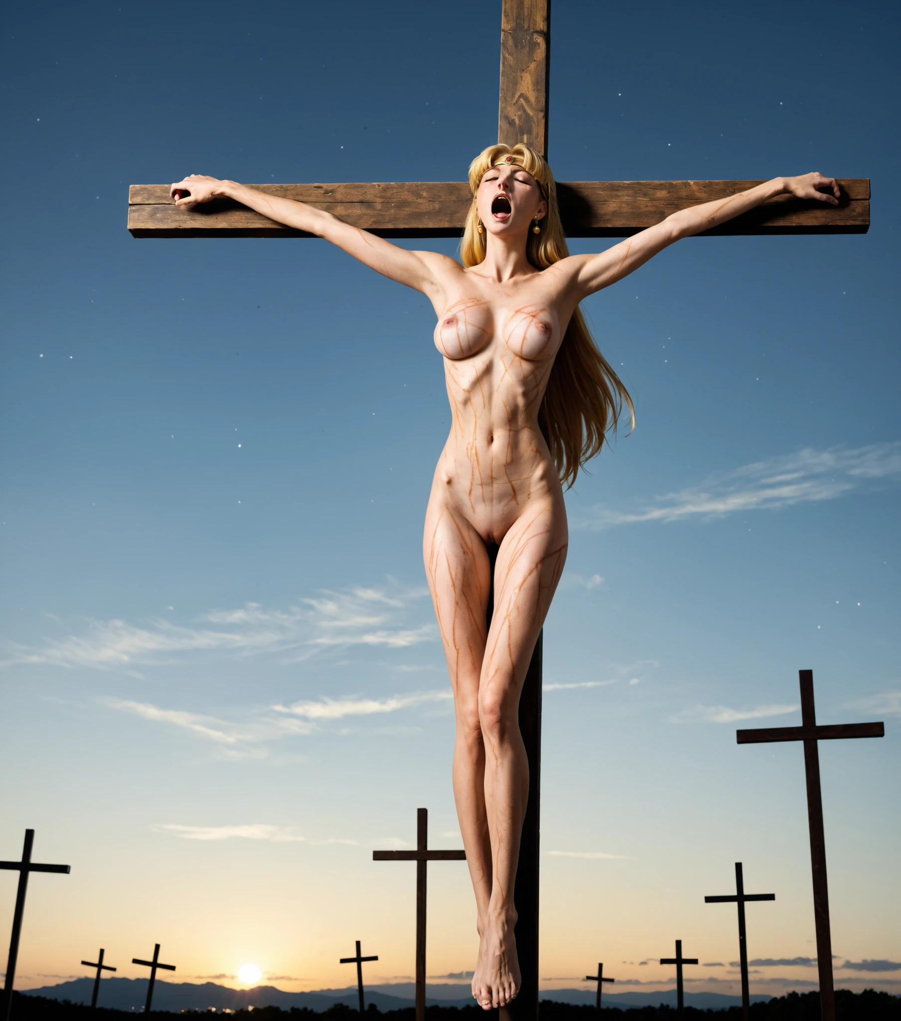 (((naked girl))), (((crucifixion pose,nailed to cross))), (full body shot:2), dynamic angle, ((huge breasts)), natural lighting, ultra sharp focus, pubic hair,(((1girl))), glaring