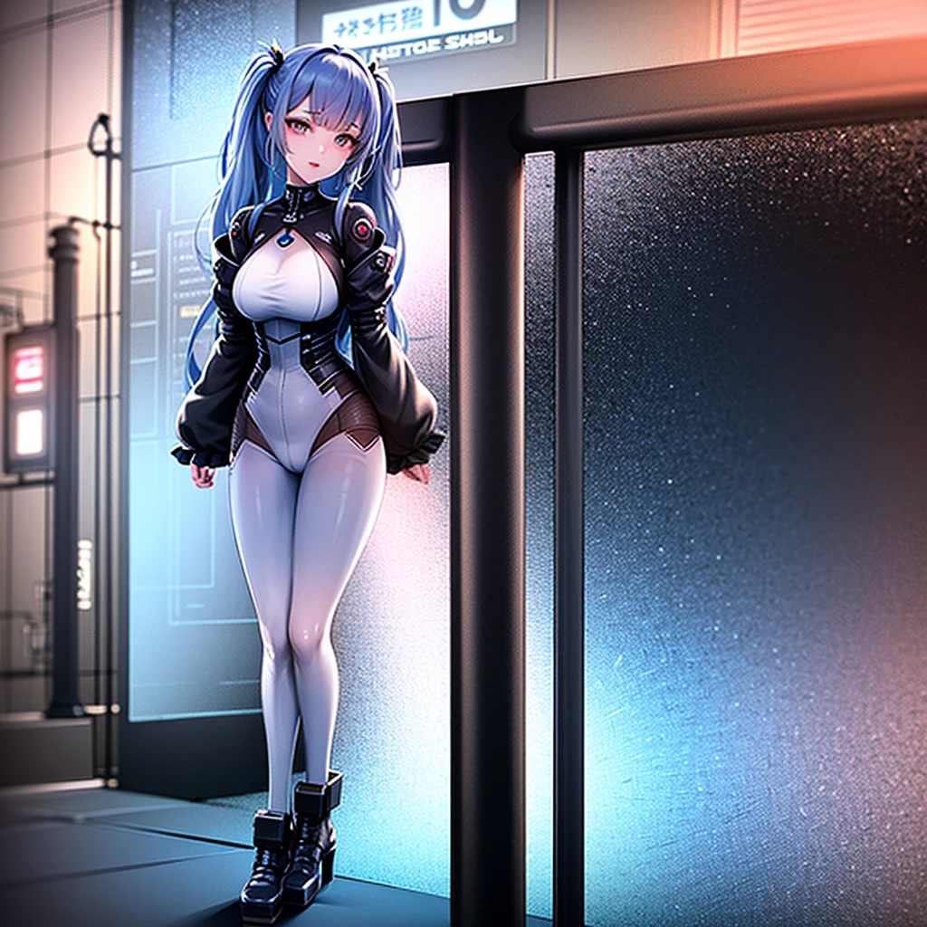 1girl, solo, long hair, breasts, looking at viewer, bangs, blue eyes, skirt, large breasts, thighhighs, long sleeves, navel, cleavage, hair between eyes, closed mouth, underwear, blue hair, standing, collarbone, panties, full body, ponytail, red hair, multicolored hair, boots, open clothes, shoes, choker, midriff, belt, black thighhighs, indoors, miniskirt, black skirt, stomach, black footwear, two-tone hair, streaked hair, coat, crop top, v-shaped eyebrows, thigh strap, ass visible through thighs, black choker, pantyshot, pencil skirt, black belt, open coat, black coat, taut clothes, tube top, with the word "Kali Linux" written on her outfit, servers and computers are visible in the background in a cyberpunk-style environment, featuring neon lights, futuristic buildings, and a high-tech urban atmosphere.