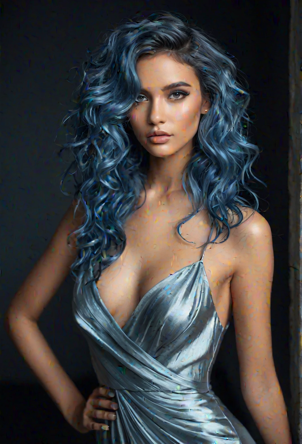 (irina shayk x margot robbie) hot girl with blue hair and blue eyes, wear black dress, sexy pose in the club