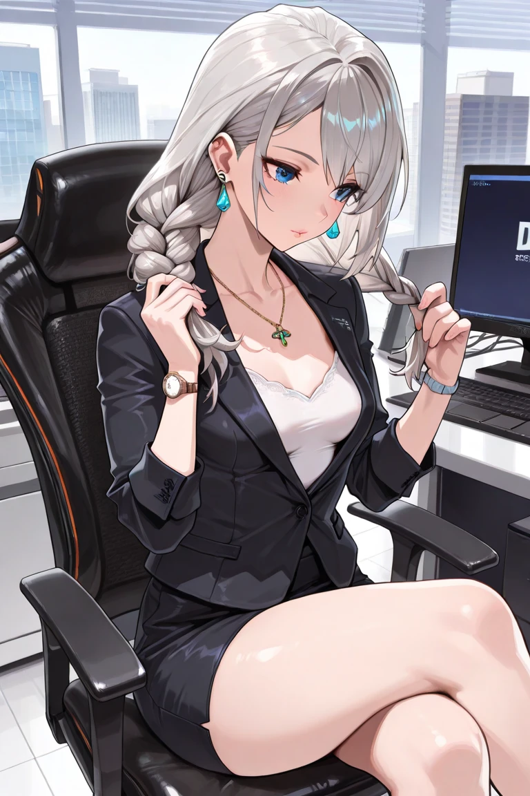 score_9, score_8_up, score_7_up, 1girl, solo, seciDo, dark skin, dark-skinned female, aqua eyes, silver hair, short hair, forehead, white nails, large breasts,
seceBui, gold jewelry, hoop earrings, necklace, blue blazer, white shirt, collared shirt, long sleeves, blue skirt, pencil skirt,
looking down, looking at tablet, holding tablet, hand up, adjusting eyewear, from side, sitting, office chair, desk,
indoors, office, sci-fi, science fiction,
<lora:SeceliaDotePDXL_V1-Manityro-CAME:1.0>,