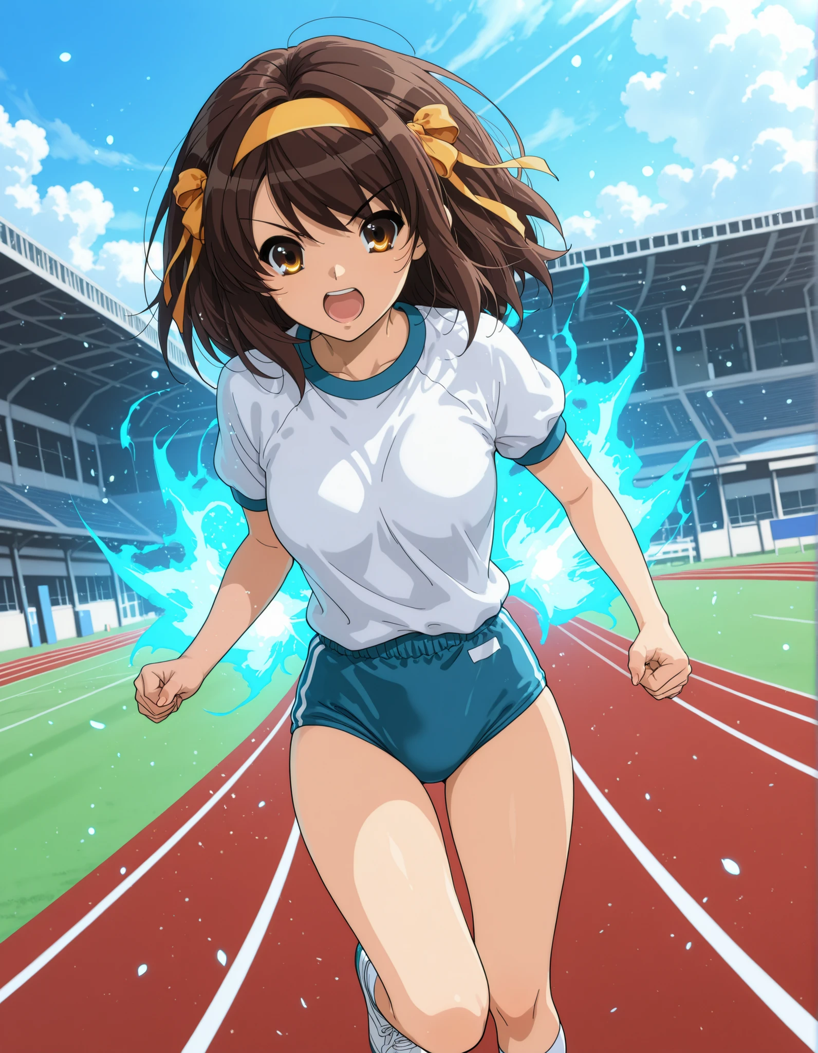 Masterpiece, best quality, high res, 8k, solo, solo focus, 1girl, sysdeep_haruhi, suzumiya haruhi in her gym uniform running at super-speed, blue energy waves, high school track background, daytime, speed lines, full shot, running towards viewer, light particles showing super-speed, Dutch angle, high cut buruma.