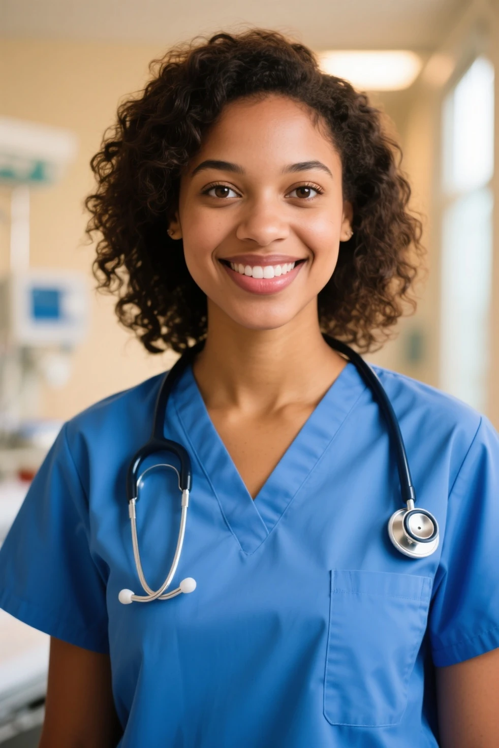 A beautiful sri lankan lady doctor with curly long voluminous hair, fair golden and clear skin, has hourglass body shape, wearing a dark blue colour scrub with name doctor.amd dark blue colour stethoscope at a hospital.looking proud.not so slim medium size