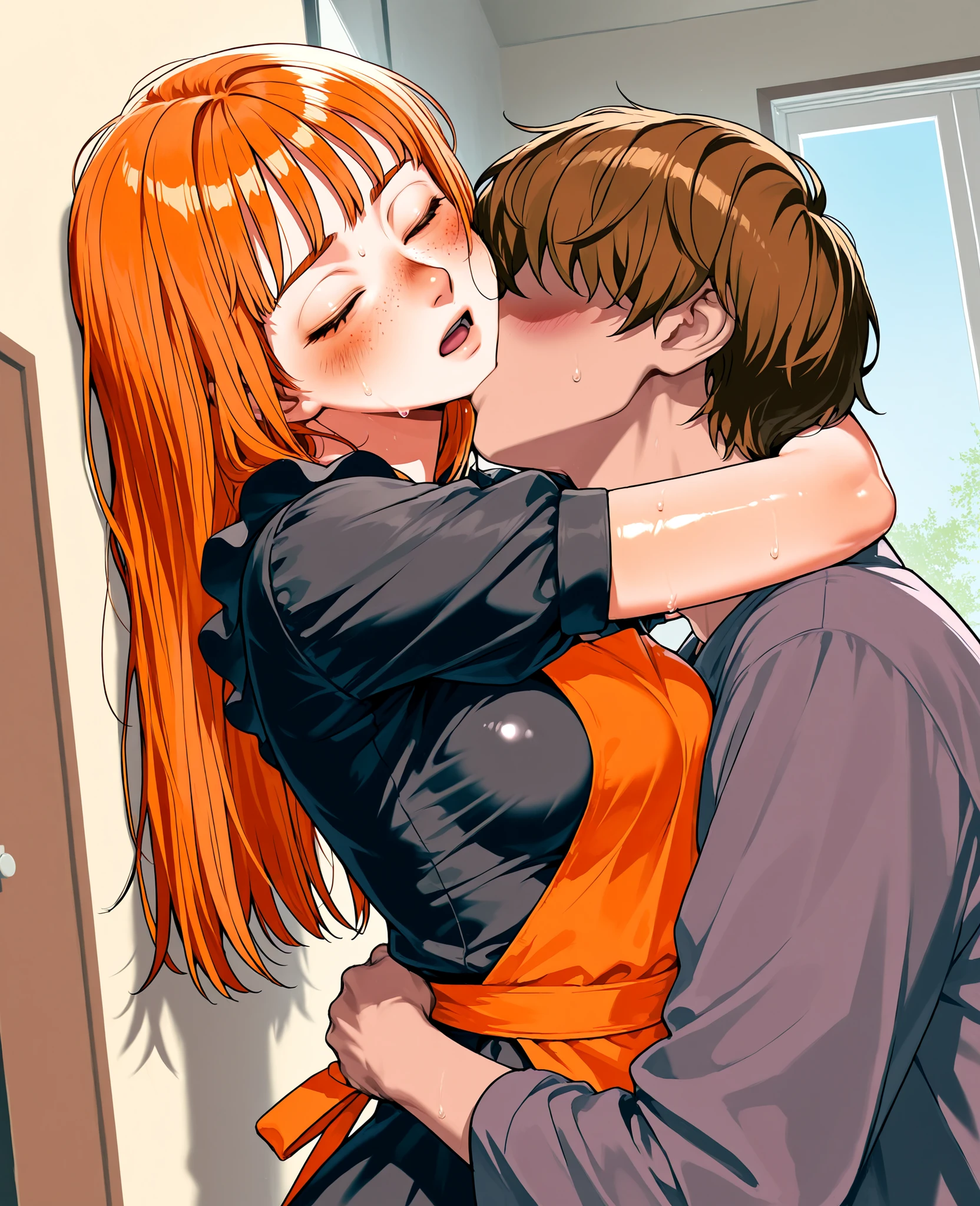 score_9, score_8_up, score_7_up, 1woman, solo, hair, closed eyes, white milky porcelain skin, white-skinned female, freckles, long straight orange hair with bangs, lovely medium breasts, perfect body, black dress, orange apron, sweat, female organism, open mouth, looking at viewer, head tilt, nose blush, blush, indoor, living room, day time, shiny skin, against wall, standing , upper body, 1woman, 1boy (faceless, face on girl's face,
intense kiss, deep kiss, kiss ), hug. Dutch angle.