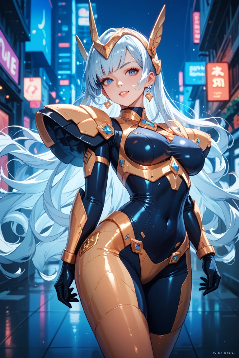 A beautiful girl wearing a high-necked bodysuit that fits snugly up to her neck（20th Generation）Equipped with shark-shaped robot armor Equipped with fin-shaped armor on arms Long hair in a side ponytail Hair color: soft gold