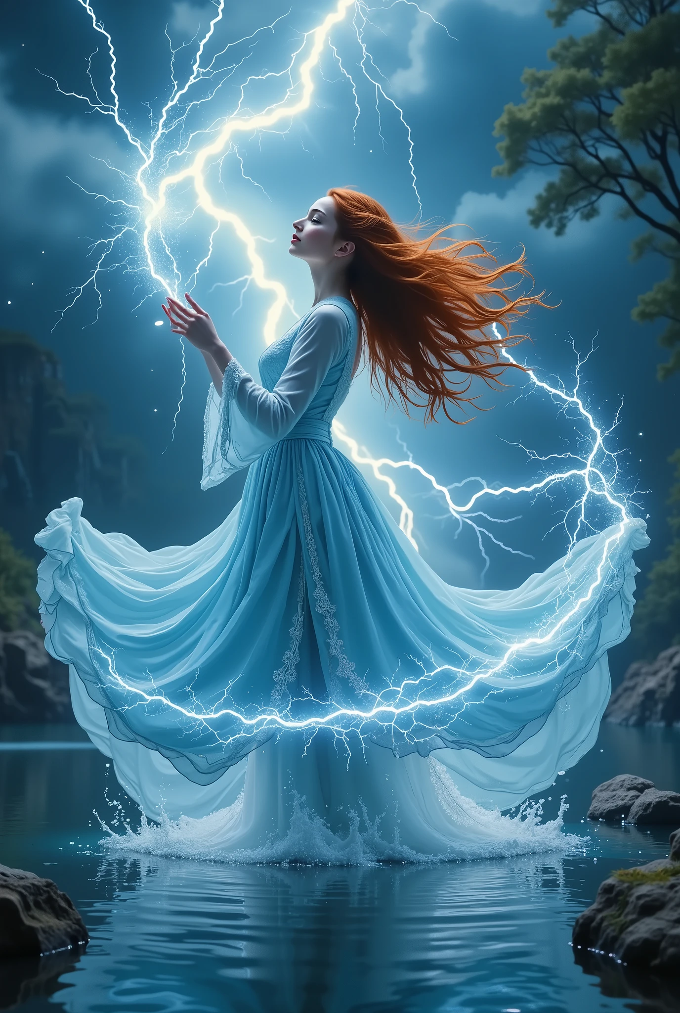Girl with Her Hair Raised to the Top Epic, gorgeous, magic, An Explosion of Magical Energy, Magic around , Beautiful Bright Colors, Magic Circles Electric Lightning Sparkle and Strike in All Directions, She Floats in the Air Over the Beautiful Lake, beautiful night , Cloud Stars, Beautiful and Gorgeous, Mysterious Mist, masterpiece, fantasy style, Beautiful Clear colors, best quality, High detail, difficult details, beautiful colors,