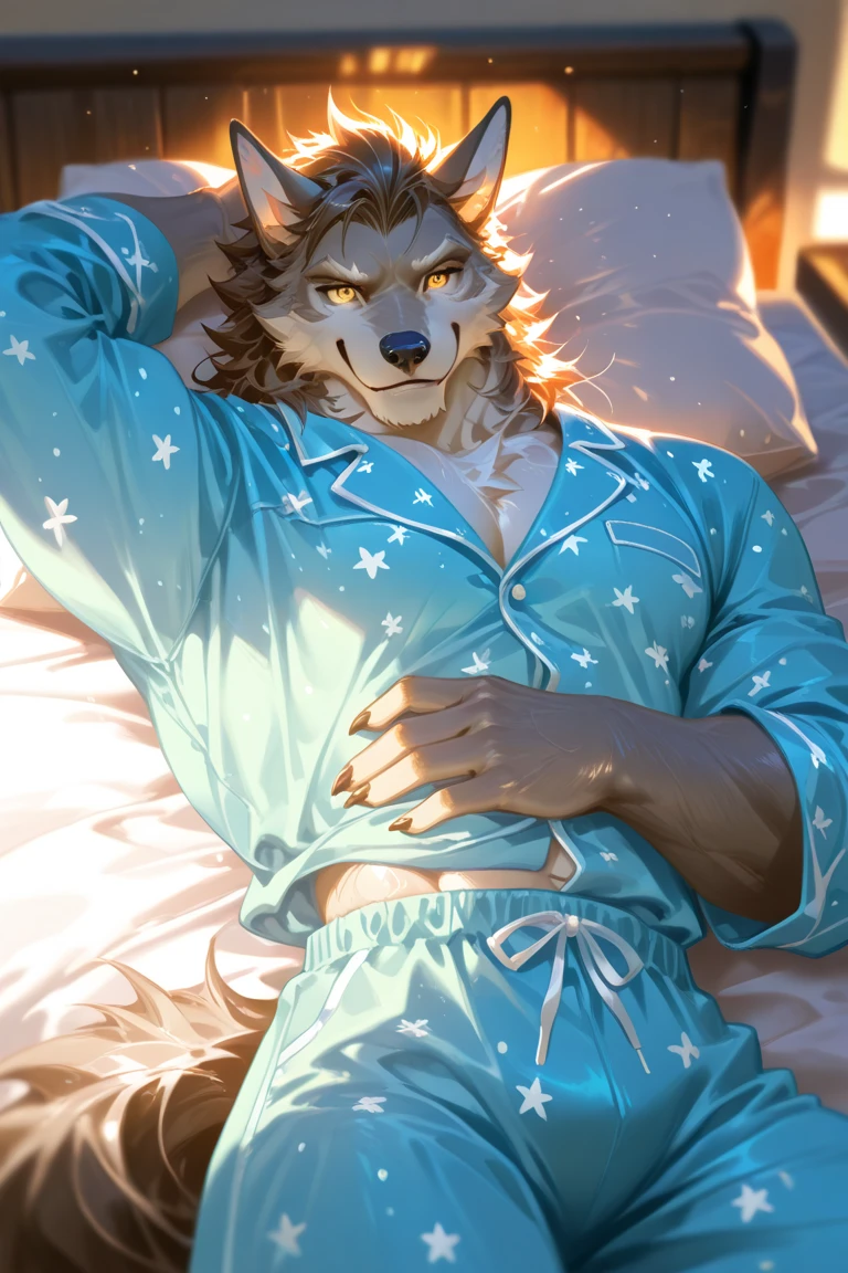 Anthropomorphic fox, In good condition, Pink fur, alone, (Exquisite details), white, Smile, Handsome, OK, transparent raincoat, white underwear, Night time, Lying in bed, Candy clouds, Star decoration, canine, male, giggle, (Slim, muscular, exquisite eyes), nipple, naked, full-body shot