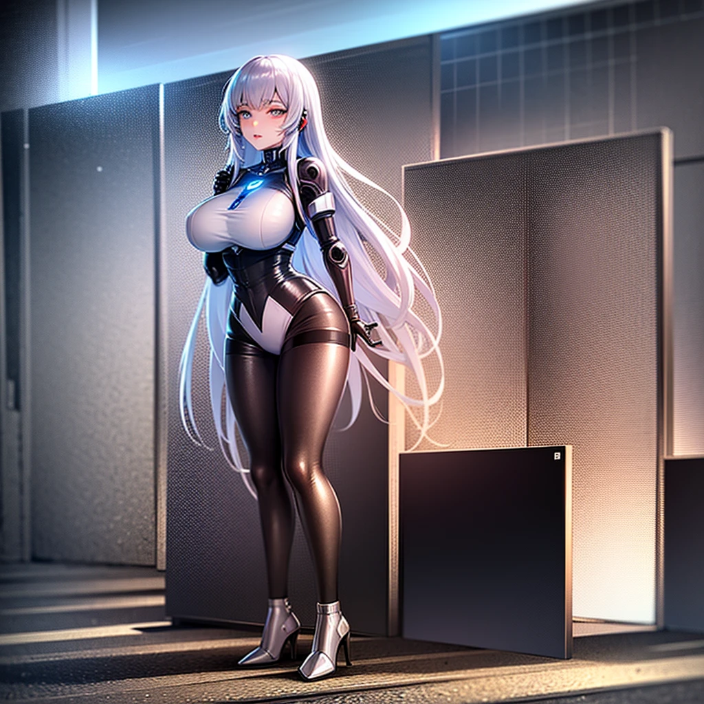 (masterpiece) (high Res), (robot), (Perfect face), (perfect anatomy) woman in super tight clothes, (office suit), (mini skirt), shirt, tie, blue glowing eyes, huge breast, narrow waist, wide hips, thick thighs, metal body, silver skin, silver hair, red lipstick, black high heels