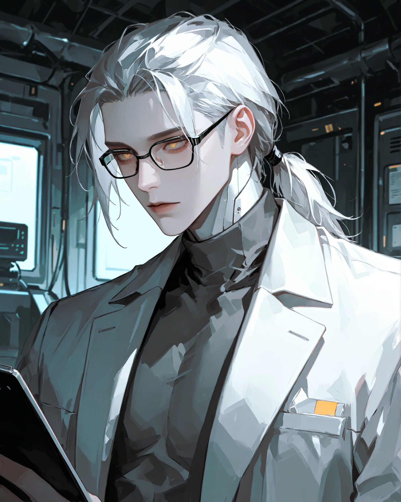 score_9 , score_8_up , score_7_up , source_anime, masterpiece, better quality, amazing quality, hyperdetailed, newest , is very aesthetic, highly detailed image, detailed eyes, high detail eyes, Semi-realism art, Semi-realism art style, Mature, 1 Man, Male android, Solo, Scientist, Male features, Robotic neck, White hair tied in a waist-length long ponytail, Fake glasses, Yellow iris with white pupils, Reading the notepad close to his chest, Pale artificial skin, White scientist coat, Gray turtleneck shirt, Examination background, Close-up portrait
