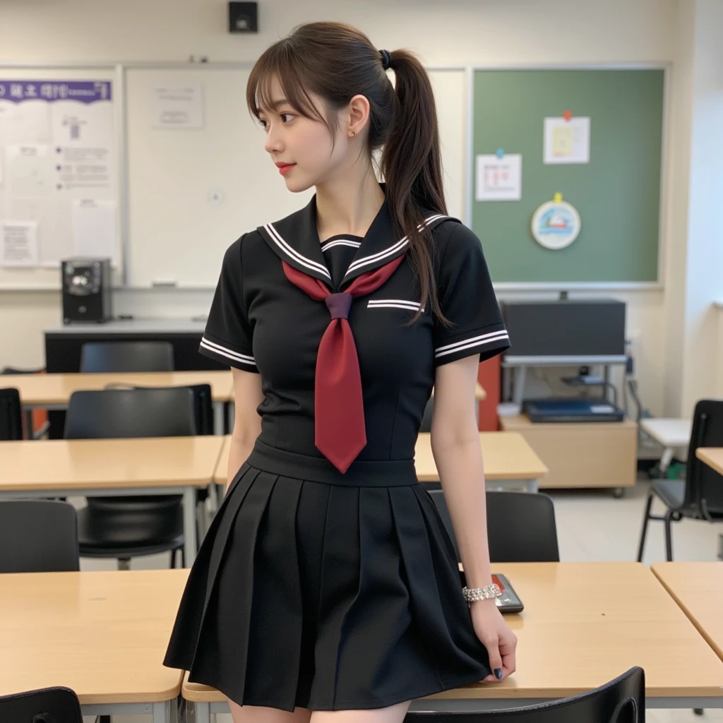 best quality、ultra-detailed、4k、Japanese、Seductive beauty、seductive adult woman、Pretty Woman、cool girl、Villainess、Brainwashed、brainwash、Fallen into evil、smirk、Evil look、Wicked Smile、evil、Brown hair、wavy hair、swept bangs、dark makeup、dark makeup、piercing eyes、hollow eyes,half-closed eyes、Hollow Eyes、purple Eyeshadow、black lipstick、black lipglos、Female student、uniform、Sailor suit、night、inside darkroom、Applying lipstick、Are standing、Shining Legs、Beautiful feet