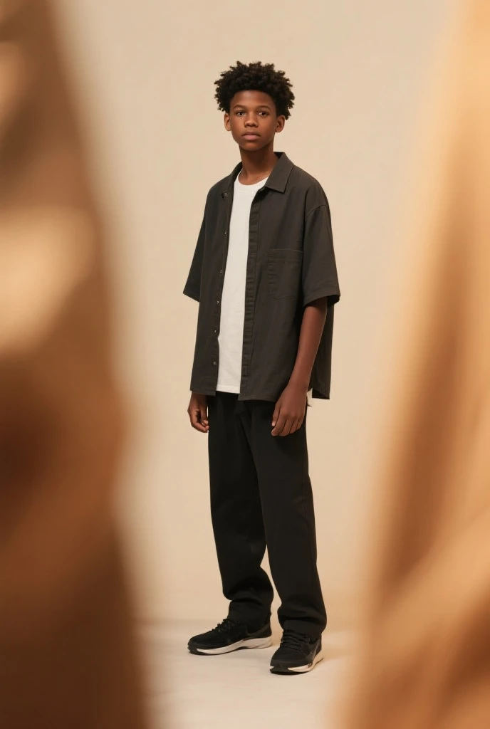 A seven-year-old boy brown skinned, short black hair (very short), black eye, mouth of big lips, round cheeks light smile dressed in fashionable collotida clothes, full body