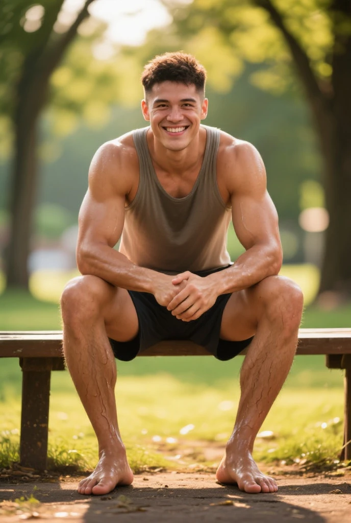 photorealistic, best quality, masterpiece, extremely detailed, sexy, homoerotic, extremely handsome, youthful, 25 year old muscular malay man, ((muscular bodybuilder)), ((massive thighs)), active wear, sweaty, big smile, happy, sitting on bench, relaxed posture, at park, side view, extremely romantic atmosphere, perfect face, perfect fingers, perfect hands, perfection