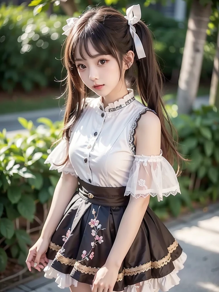 masterpiece, best quality, 1girl, black skirt, branch, building, chain-link fence, cherry blossoms, fence, long hair, outdoors, petals, pleated skirt, rain, shirt, short sleeves, skirt, solo, standing, tree, sky,street，The face is clear，Hand detailing