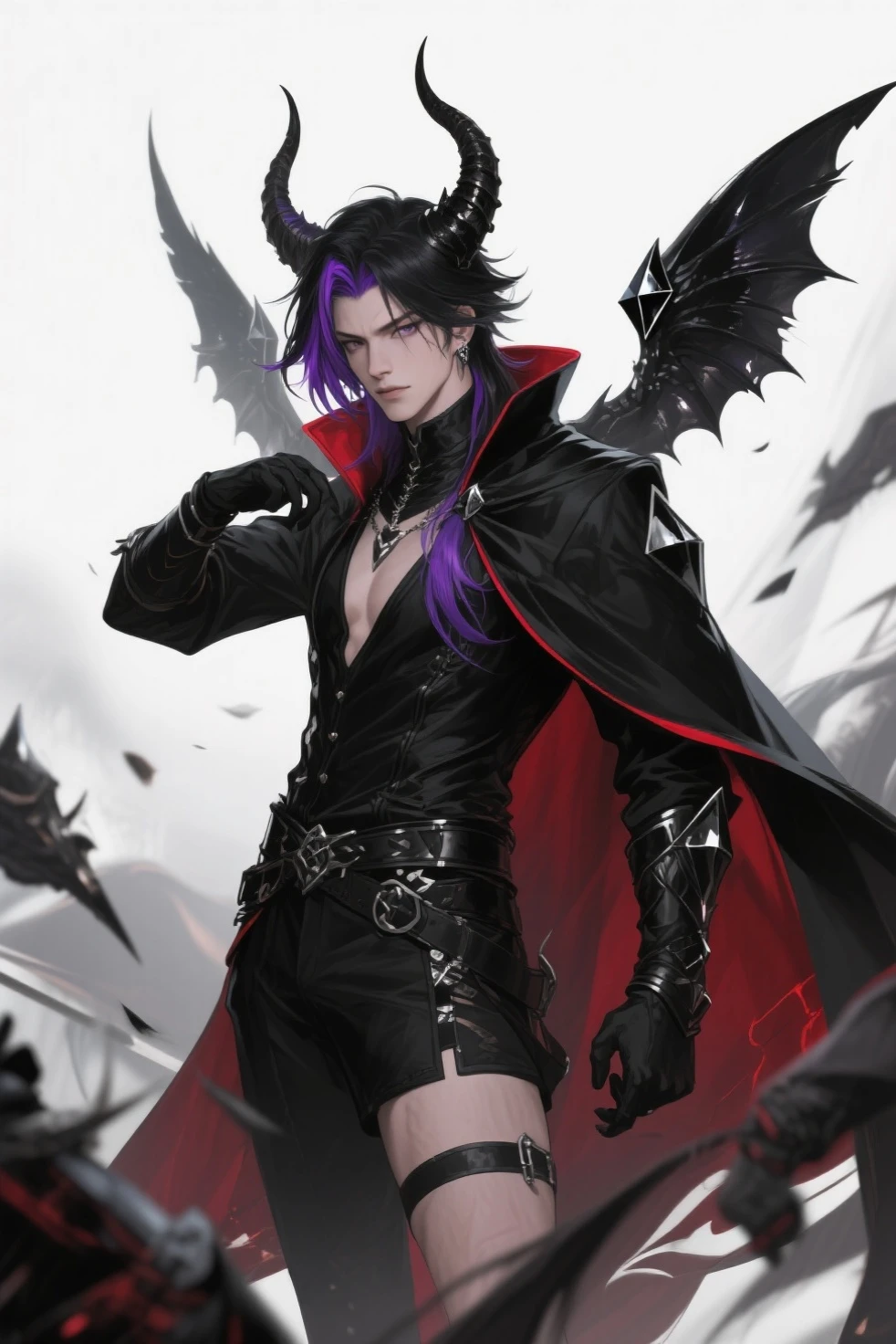 Handsome male. Dark silky purple hair, amber eyes, lean and muscular build, with a sharp jawline and a devilish smile. I'm dressed in fine black clothes and have a silver stake tucked in my sleeve. Vampire. Bara. Bulge in pants. Black boots. Piercings. Wavy hair