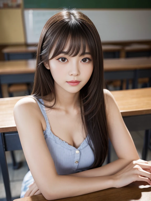 ((masterpiece)), ((best quality)), ((ultra-detailed)),((hyperrealistic)),(japanese cute girl),(shiny skin),1girl,(forehead),black hair,long hair,(black big eyes,tareme,droopy eyes),(small breasts),15 years old,dynamic angle,(((blush,in heat))), cheeks,neat and clean,(sailor uniform ,serafuku,school uniform),arms behind back,school,classroom,