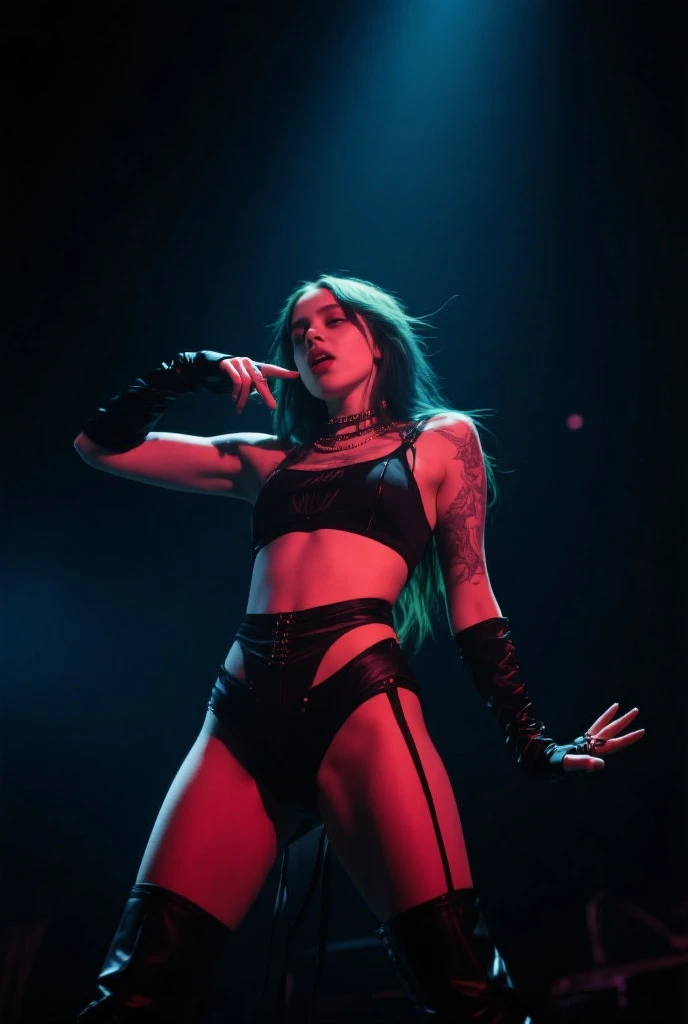 A photograph of (1girl,detailed skin,long eyelashes, double-tone hair),(23 years-old), wearing a tight bodysuit, (tipo de cuerpo pequeño:1.1), (petite body), multiple angles, charli xcx, ava max, bella poarch, she looks like a mix of grimes, charli bowater, sexy look, billie eilish, madison beer as leeloo, portrait of kim petras, 18 years old, the super hot and sexy, looks a blend of grimes
