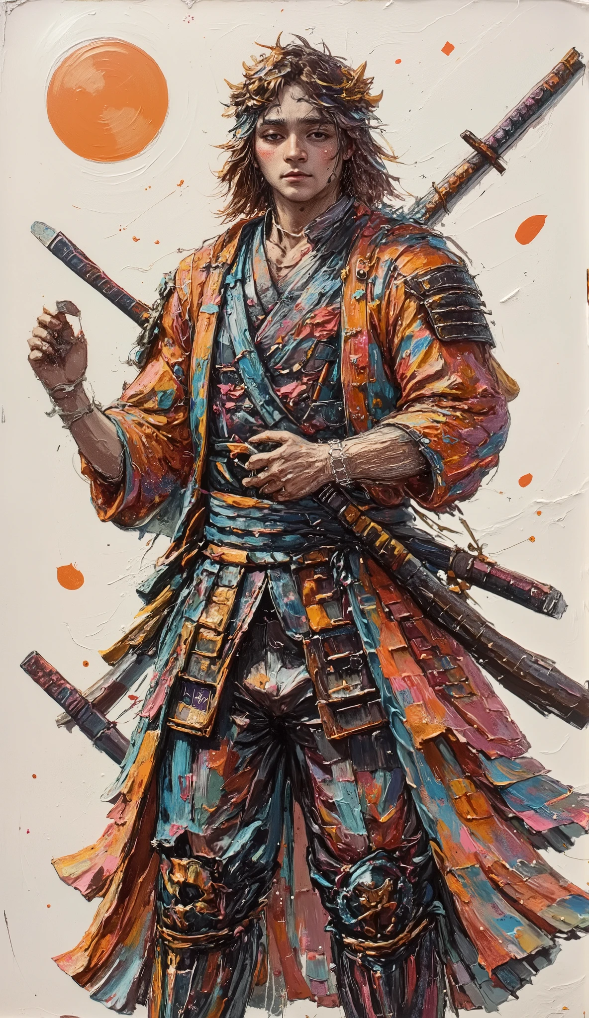 A samurai warrior stands proudly at center stage, enveloped in a mystical aura. He wears a kasa, a traditional straw hat, which shades his face and reinforces his mysterious aura. His black armor, adorned with detailed metal plates, contrasts with his flowing, vibrant orange coat, seemingly billowing in the wind. In each hand, he wields a shining katana, ready for action. In the background, a huge orange circle, reminiscent of the sun, illuminates the scene, adding a dramatic touch. The background is minimalist, white, with artistic splashes, creating a semi-abstract style. The whole exudes a powerful energy, blending Japanese tradition and modernity.