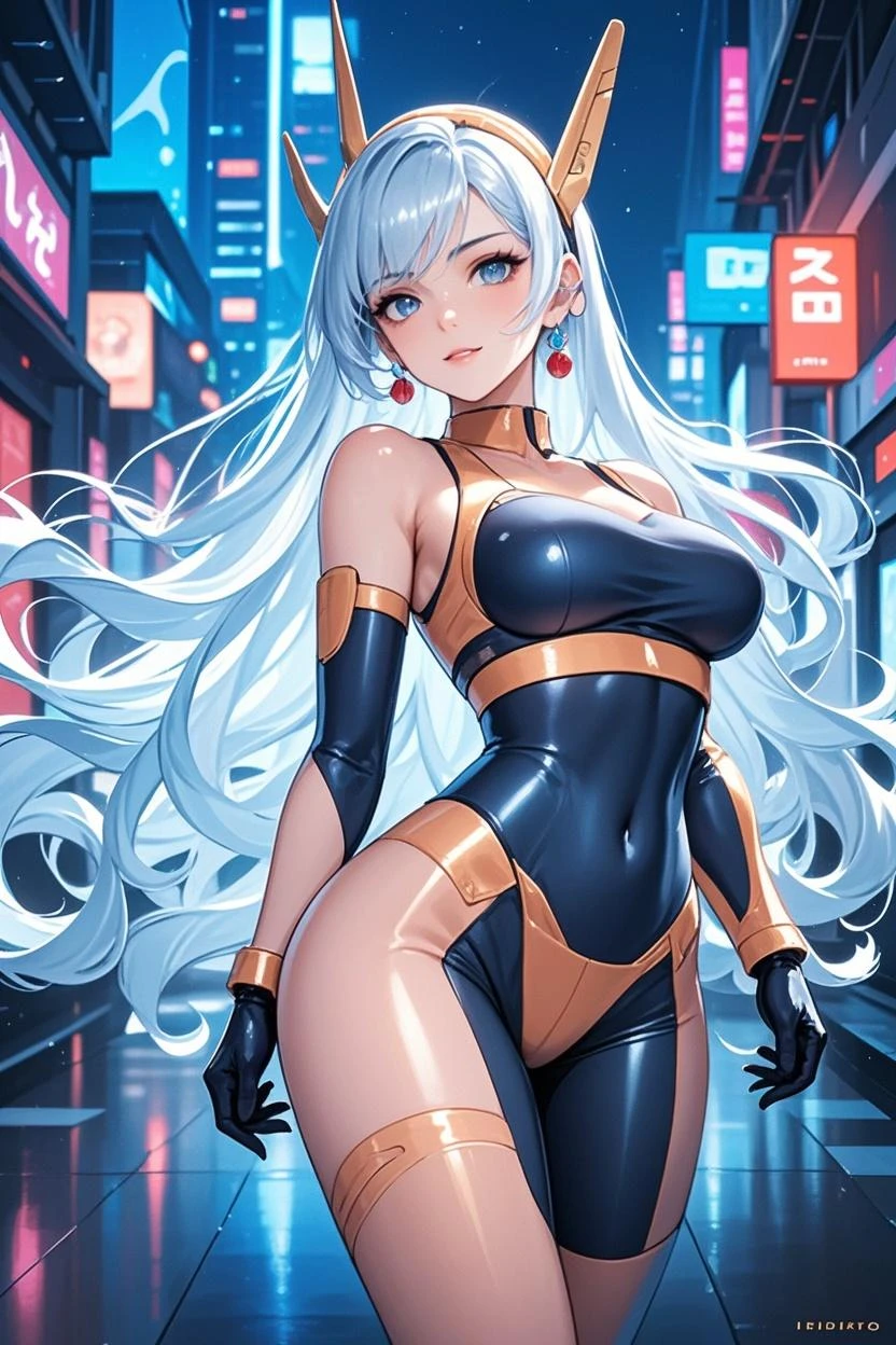 (1girl, Glory_DG), (extremely detailed CG unit 8k wallpaper),(master part), (best quality), (ultra detail), (best illustration),(lora:80'sFusion:0.6), cowboy shot, (Sharp eyeliner, ombre, detailed eyes:1), midnight, neon light city background, ,break , (neon_pop art style), armlet, leotard, red bikini armor, white hair, bracer,dark-skinned female, circlet,makeup,very long hair