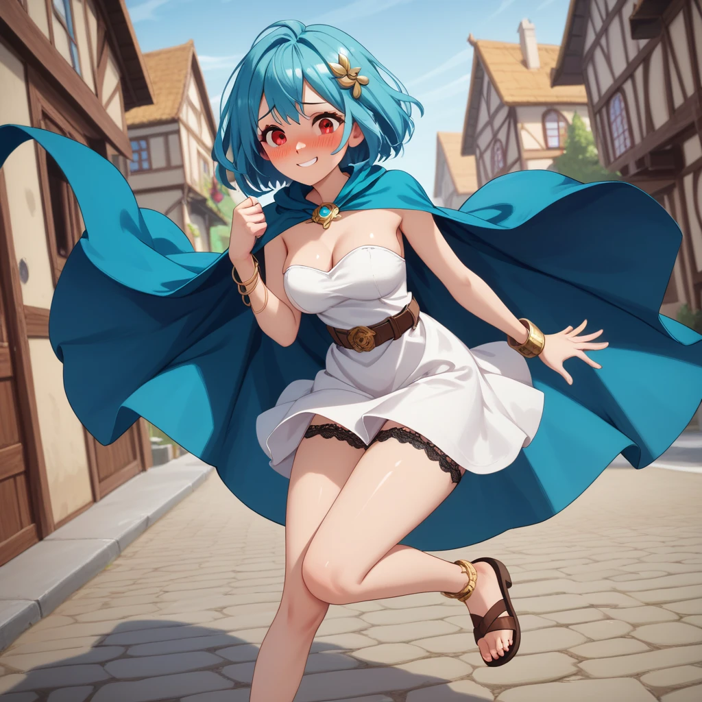 (A woman is walking, Windでスカートがめくれている, White panties:1:3), Beautiful Anime Woman, Beautiful art style, Anime characters, ((Smooth texture, Realistic texture, アニメCGWind)), ((Highest quality)), (Very detailed), (Very detailed CG 統合 8k 壁紙), Very detailed, High-resolution RAW color photos, Professional photography, masterpiece, Highest quality, beautiful and big breasts, Slender body, (Stunningly beautiful woman), (Detailed face:1.2), (Blue Hair, White Dress, belt,White mini skirt, Red eyes, Yellow Circlet, Cleavage, Blue Cape), Outdoor, nature, Wind, Perfect lighting, Perfect Shadow, Exact number of arms, Exact number of legs, Perfect Anatomy, Exact finger count、Exact number of legs、(Exact number of arms:1.0, Exact number of hands:1.0), (Perfect hands, Perfect Anatomy), (Embarrassed expression), Angle from the front, Dragon Quest