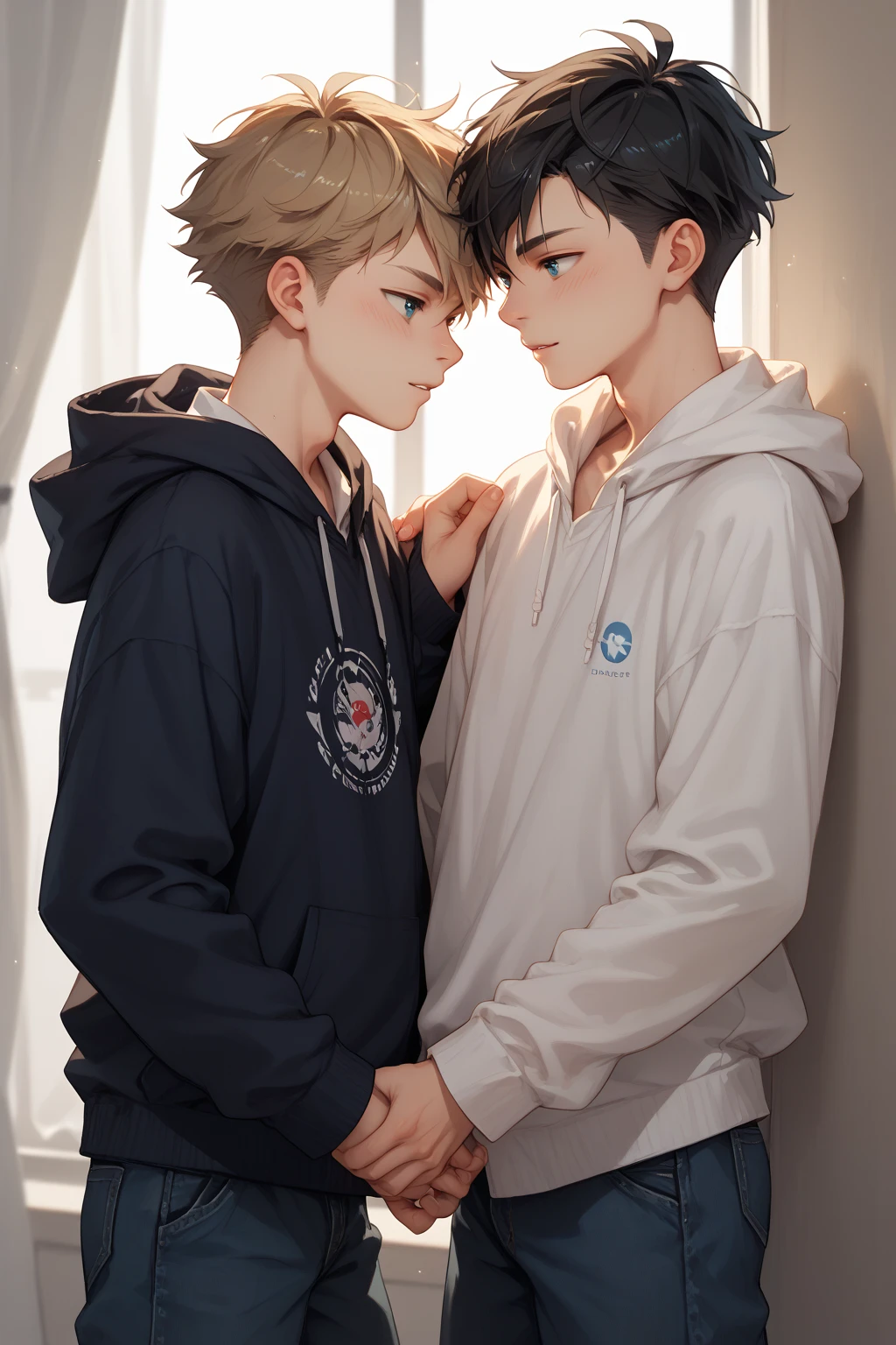 un joven penetra a su novio hombre, cara de dolor lagrimas en los ojos le mete su pene por su ano desde atras High image quality, Dos hombres hermosos, ojos delicados, musculoso delgado, alto, Alta estatura, Peinado aleatorio, esta atras de un amigo metiendole su pene por el ano , estan desnudos el pasivo llora y grita de dolor, are 15 years old. dormitorio, hugging from behind,
