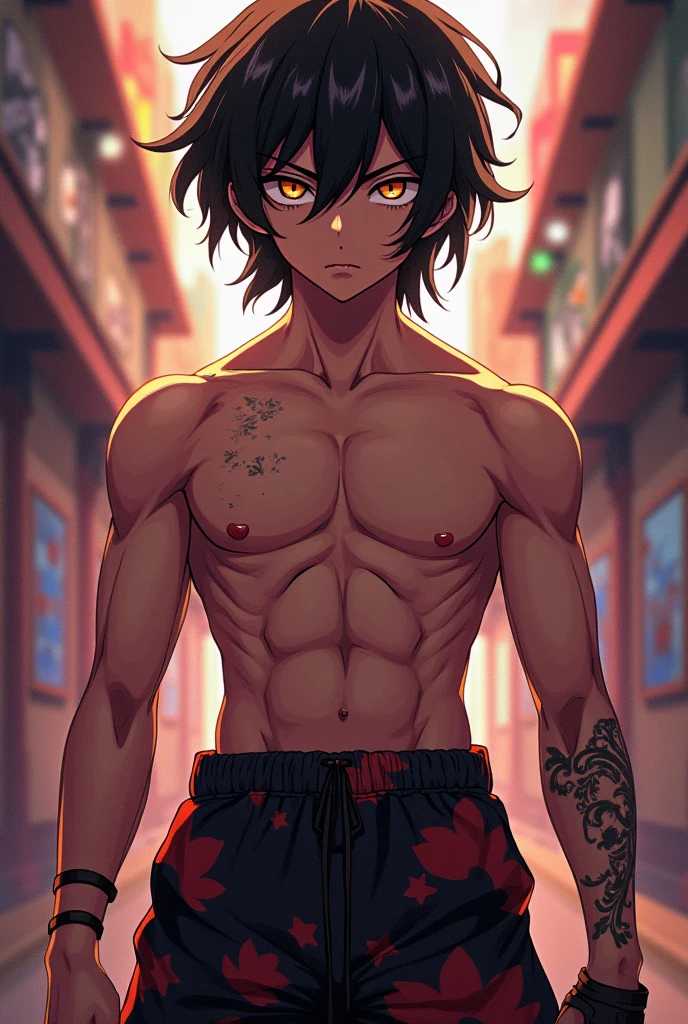 Close-up of a person sitting on a bed wearing a shirt, handsome japanese demon boy, handsome guy in demon killer art, Handsome anime pose, inspirado em Okumura Masanobu, Keqing from Genshin Impact, 《Intrepid Covenant》Jett in , Anime handsome man, Best Rated on pixiv, anime figure; Full-body art, male anime character,No clothes,Shirtless
