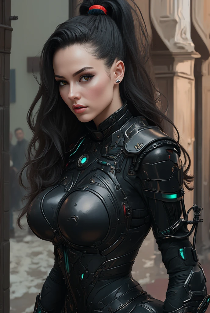 Stunning photorealistic oil painting portrait of Alison Tyler, pele branca, cabelo cyberpunk preto sem forma, Intricate baroque cybernetic armor, sozinho, pintura hiperdetalhada, Luminismo, bar lighting, Complexo, Sobrancelhas brancas, 4k resolution concept art portrait by Greg Rutkowski, Artgerm, WLOP, Alphonse Mucha, fantasia realista, fractal isometrics details bioluminescence, awesome gorgeous, intrinsecamente detalhado, cinemactic, trending on ArtStation | isometric | Hypereallistic centered cover photo amazing full color, Escuro, corajoso, Realistic, Alphonse Mucha, Gustavo Klimt