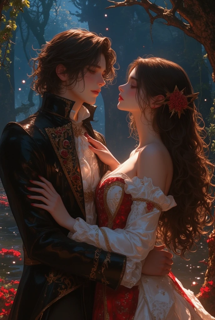 Intimate and high-quality photos of (male and female couples) sitting on the lap (bench:1.1), (enchanting lighting:1.1), sexy, passionate, exquisitely detailed, (sweat:1.1) with (glittering droplets:1.1), castle backgrounds, Sony Alpha 7R IV Camera, Digital Photo, f/2.8 lens, black-red, , Too many realistic textures, trends on social media, night light