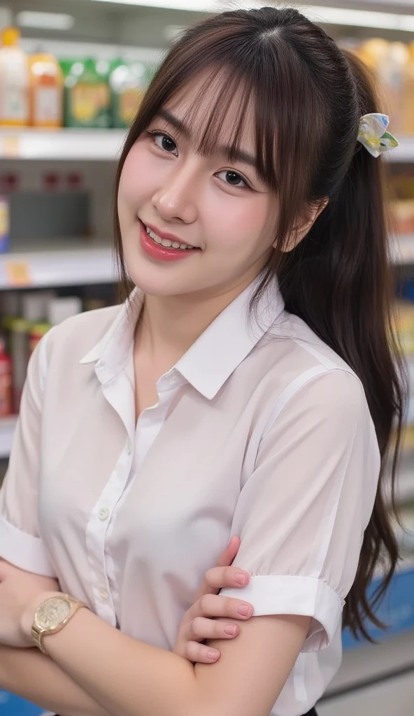 Semi-long, wolfcut, layer, convenience store, workwear, lawson