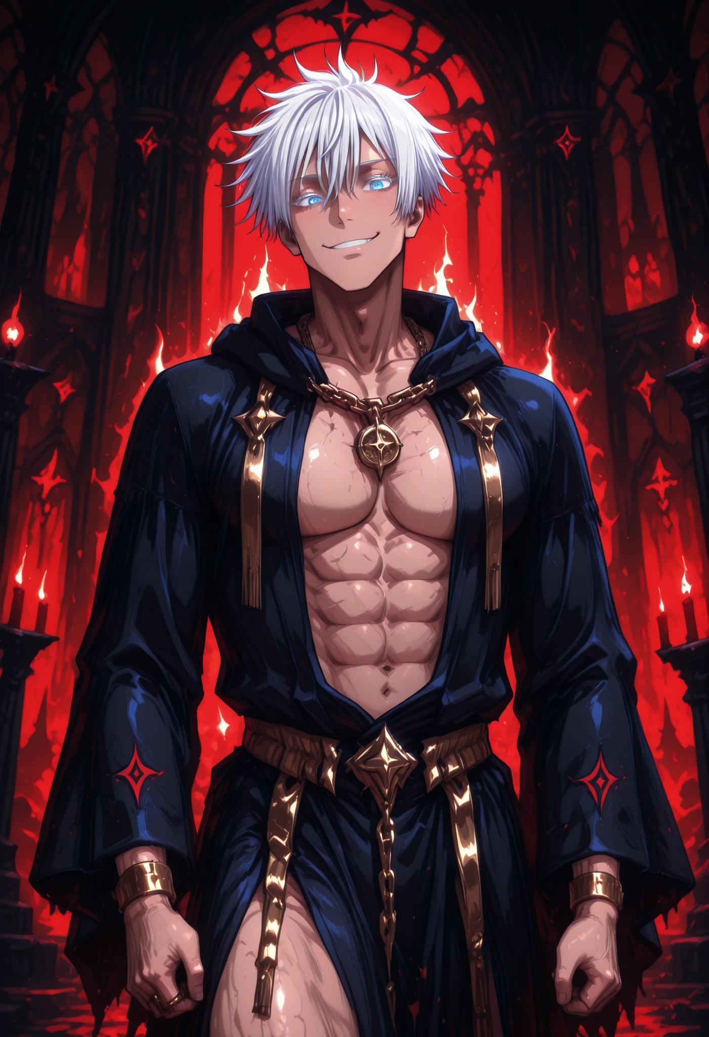 1man, gojou satoru /(jujustu kaisen/), detailed eyes, blue eyes, white hair, short hair, detailed eyelashes, colored eyelashes, sexy man, trained body, muscular, handsome, cool, mature man strong jaw, attractive, sexy, perfect eyes, cult leader, standing in a dark candle-lit temple, has sharp, intense features glowing eyes, wearing flowing black ceremonial robes embroidered with crimson sigils and gold threading, on fingers are adorned with ornate gold ring, heavy chain necklace with a medallion featuring a single eye, dark theme, red theme, black theme