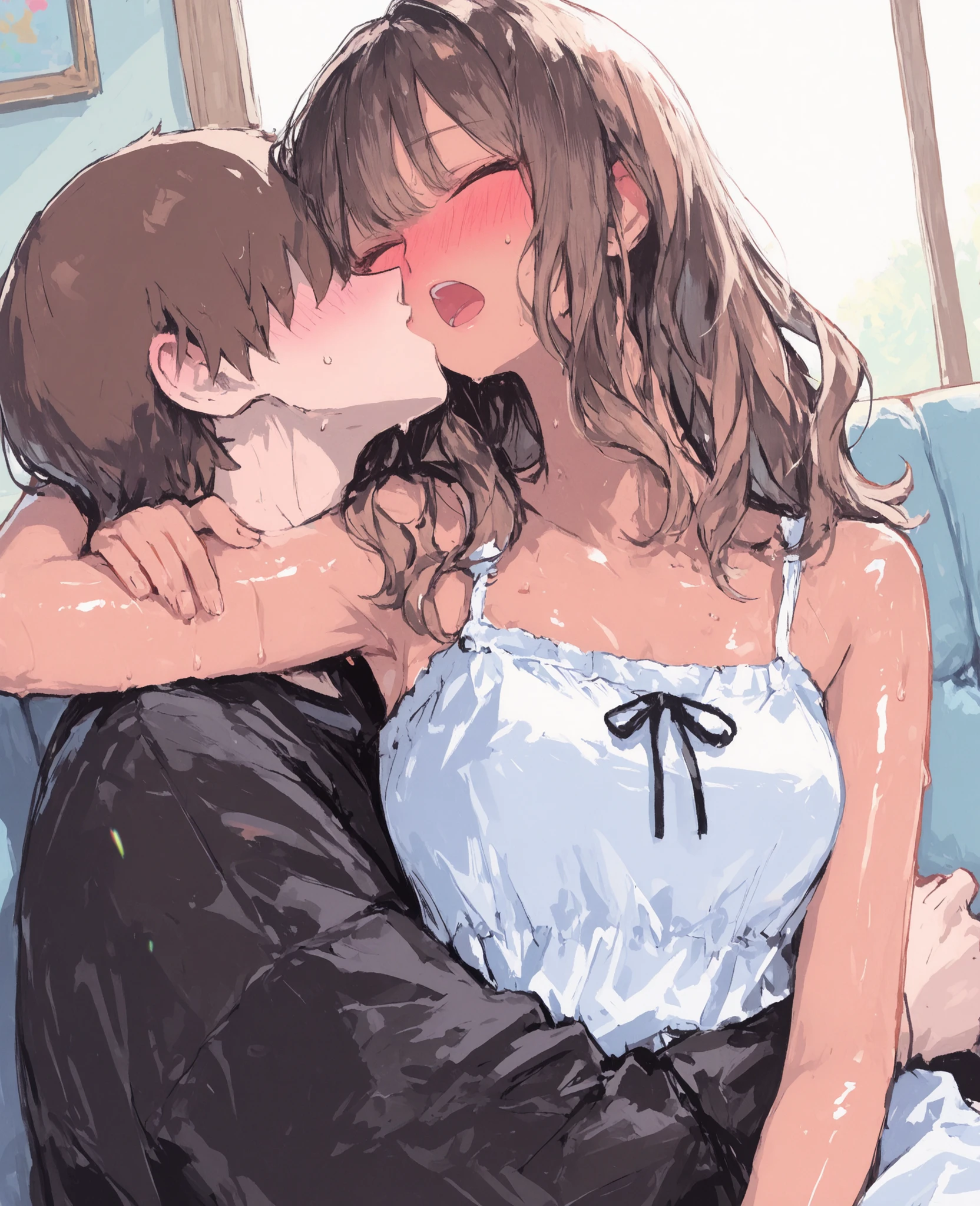 score_9, score_8_up, score_7_up, 1woman, solo, hair, closed eyes, white milky porcelain skin, white-skinned female, long wavy brown hair, lovely medium breasts, perfect body, black lacy sundress, sweat, female organism, open mouth, looking at viewer, head tilt, nose blush, blush, indoor, living room, day time, shiny skin, against couch, sitting , upper body, 1woman, 1boy (faceless, face on girl's face,
intense kiss, deep kiss, kiss ), hug. Dutch angle.