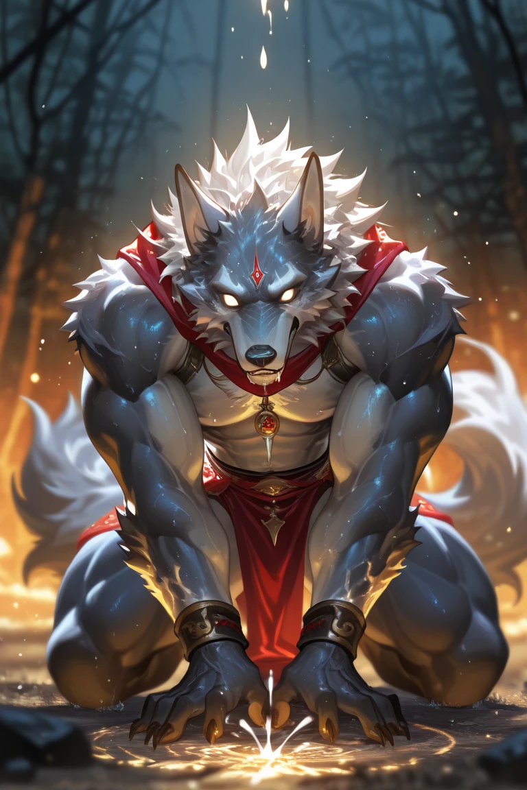 ultra-detailed, masterpiece, masterwork, high quality, best quality, hdr, (nature, night), posted on e621, (by darkgem), nsfw, male, solo, chibi, (white little body werewolf), canine, (long silver hair, yellow eyes, white body, roar), stylish pose, dynamic angle, (micropenis, foreskin, childpenis, perfect balls)