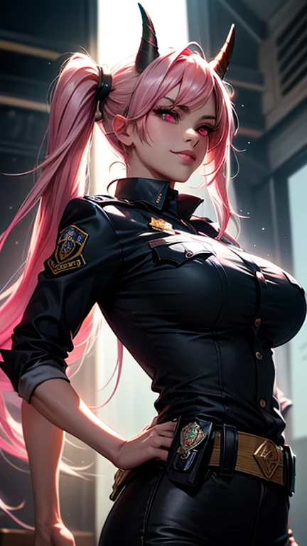 "A tall Lisa black pink giant blonde hair colour, with a cool and relaxed hippie style is wearing a black police uniform, headset, harness, pink miniskirt and panties visible from below. Her toned and athletic body shape hints at her extraordinary strength. She looks relaxed stroll through the bustling city of GTS City, as towering buildings loom above. Smoke and clouds roar all around, adding to the sense of epic scale and drama. The lighting is dark, gloomy, and realistic, creating a tense and ominous atmosphere Giantess."