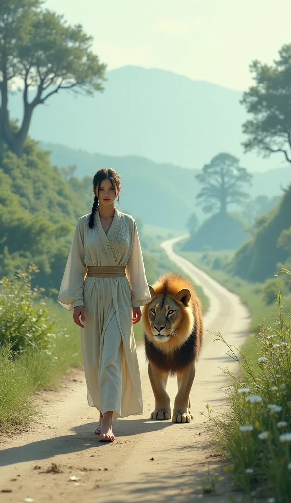 Two lions surrounding a beautiful woman,in the forest,Western style,dream