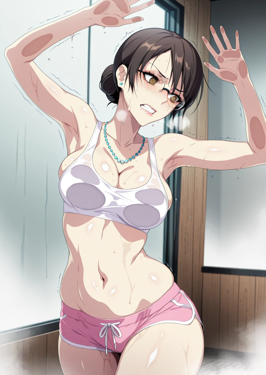 Tlr-style, (puuzaki_puuna(punopupupu)-style:1.2), (chainsaw man-style), (ringed eyes), ((anatomical correct)), ((Cinematic, unreal engine, eye-catching, ambient occlusion, UHD, masterpiece)), ((perfect lighting)), perfect body, perfect eyes, perfect fingers, gasping, heavy breathing, gasping profusely, ((skindentation)), ((curvy)), kikuchihara aki, black hair, short hair, hair bun, swept bangs, brown eyes, rimless eyewear, stud earrings, necklace, plump, 1girl, beautiful, sexy, cute, in a hot shower stall, face against glass, one leg raised, trembling, cheek against glass, running water, steam, clenched teeth, grunting, wet skin, forced pleasure, steam vapor, fog, white shirt, sleeveless, dolphin shorts, short shorts, pink shorts, tank top, wooden, wooden interior, Shauna,