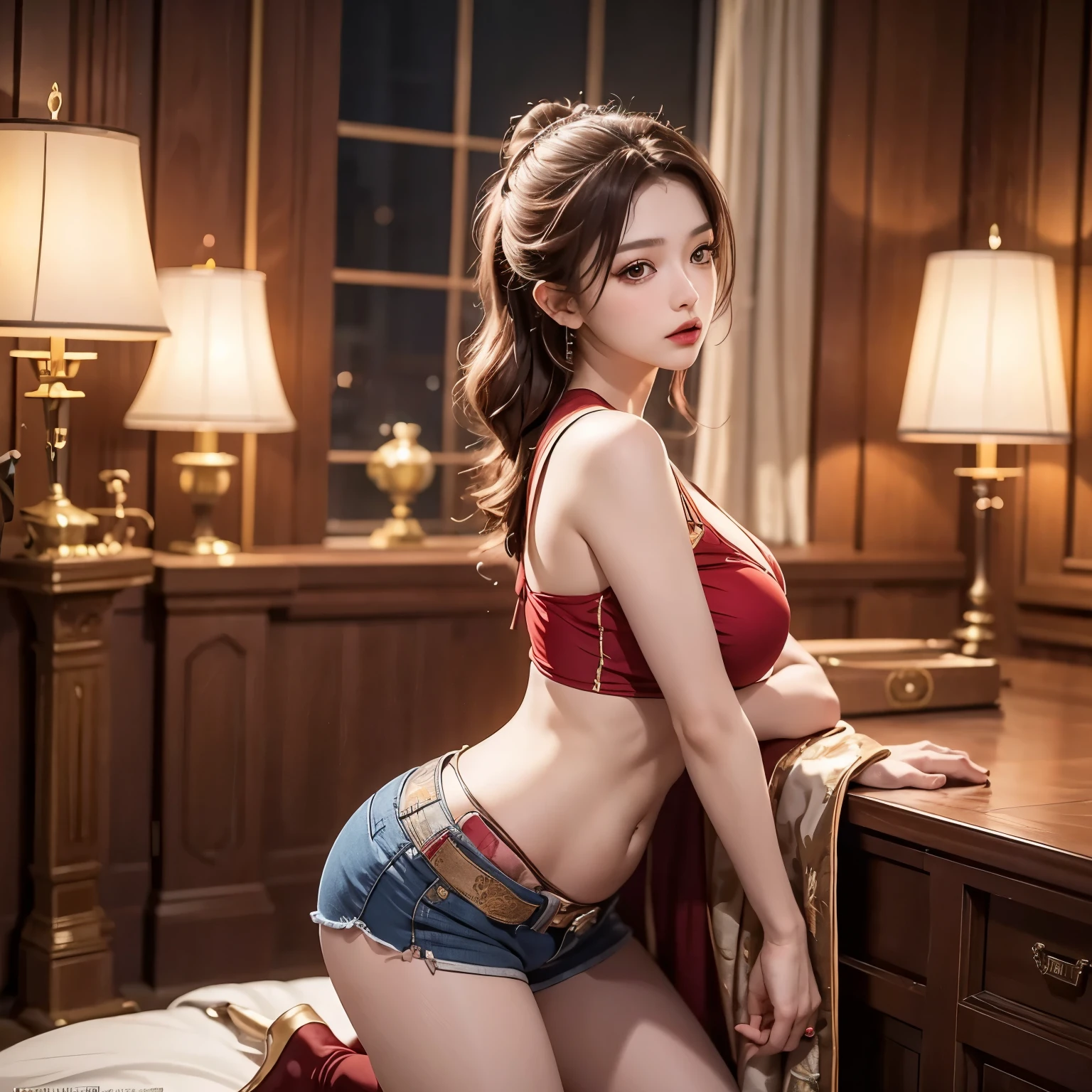 (A hyper-realistic), (illustratio), (hight resolution), (8K), (ighly detailed), (The best illustrations), (beatiful detailed eyes), (top-quality), (ultra-detailliert), (masterpiece), (detailed face), droopy eyes,full of sweat, full body,Armpit,short-hair,inner colored,solo,Girl in simple red underwear, Japanese, Colossal tits, smile, moon light , pony tail, cute ass