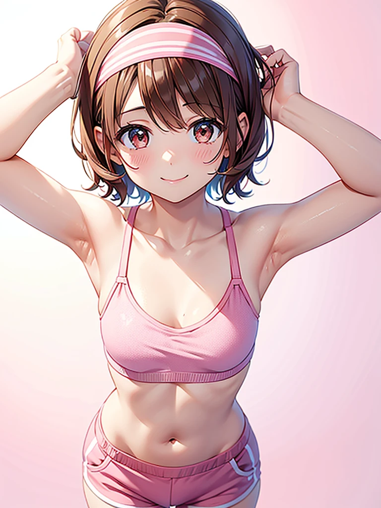 She has short brown hair、A white bra with a little pink ribbon、Anime girl wearing white panties with pink ribbon。The whole body is white、The screen is white。Eyes are blue、The face looks happy。Pose standing。