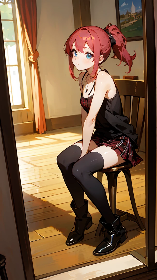 ((masterpiece,best quality)), 4k, highres, 1girl, solo, red blindfold, twin braids, headdress, crop top, long sleeves, denim shorts, toeless thighhighs, no shoes, sitting next to window,
