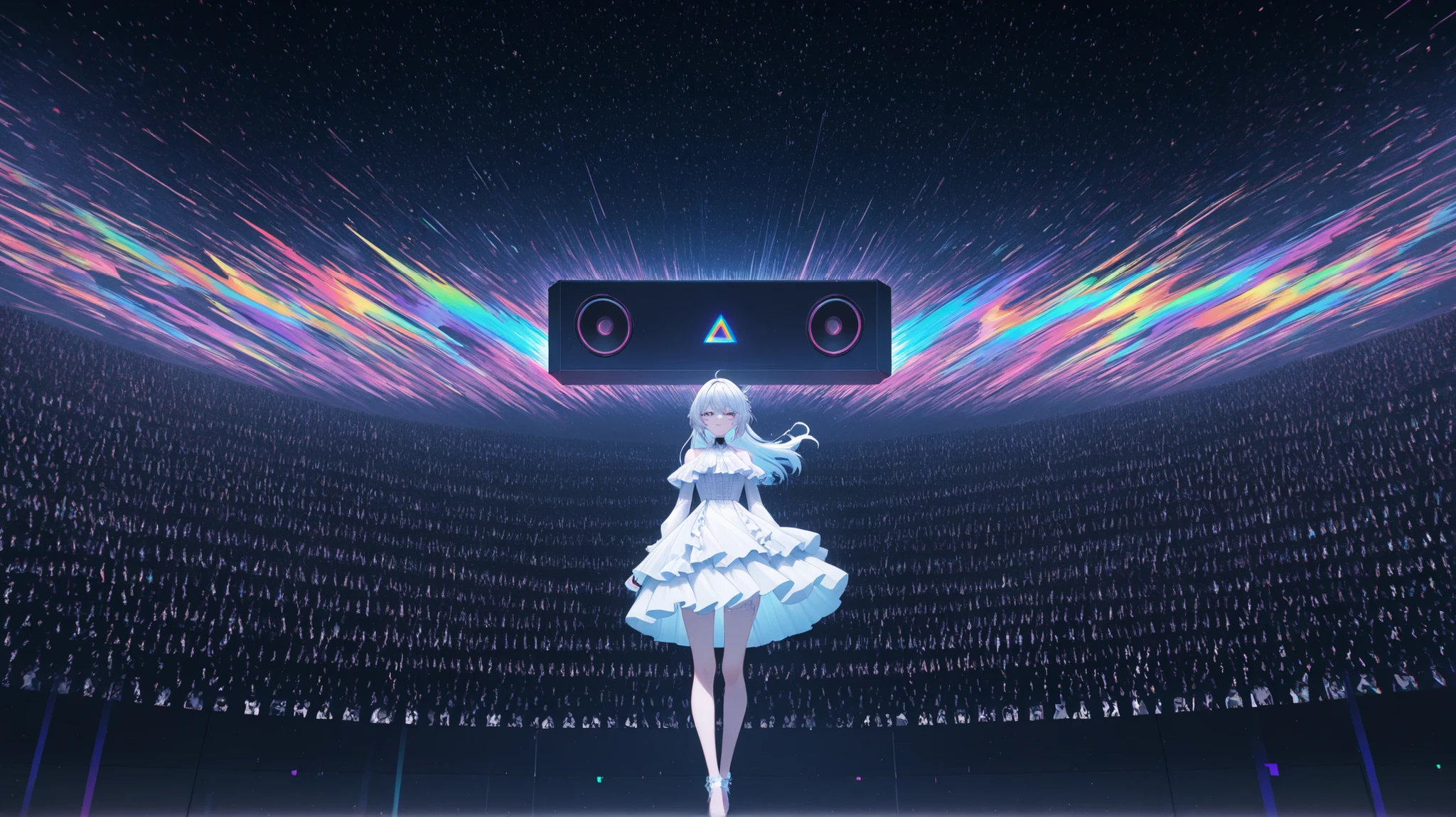 vocalist with a mic, wearing a frilly ta dress mixed with cybernetic enhancements. Her voice waves manifest as glitchy rainbow static. The stage is a floating digital void with distorted speakers, fast-moving breakcore visuals, and a crowd of shadowy figures.