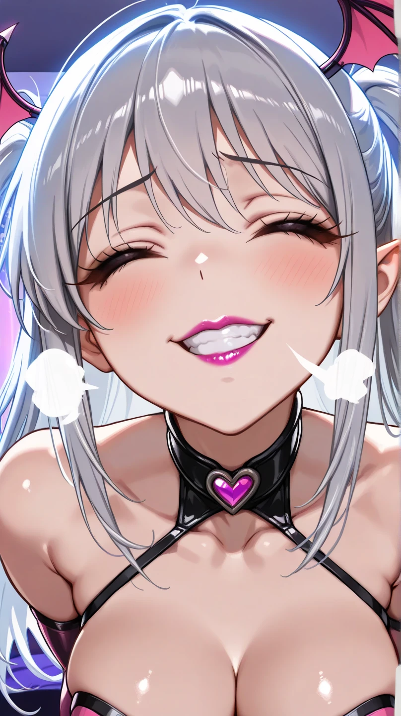 (((masterpiece))), ShizukaMikazuki, One Girl, alone, View your audience, Long Hair, Gray Hair, Cleavage, (Very large breasts),((Close ~ eyes)),clavicle, Mature Body,Glamorous body,(Trained abdominal muscles),Make your face a little smaller,Enlarge your breasts,tall,Blushing,High Ponytail,Black Ribbon,Sweaty all over,White Breath,Exposed nipples,Exposed Pussy,Charm choker,(Feeling facial expression),Earrings,Night view bed,Make your lips bigger,Open your mouth and scream,thicken lips,Red lipstick,(Pink Nails),A lot of semen,Semen from mouth,Blur the background,Tongue Piercing