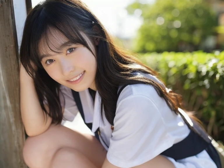 Scene of a young woman relaxing with a long-haired Papillon puppy。The woman is wearing a white short-sleeved blouse.、She is smiling gently while looking at the dog.。The dog is looking at the camera、It has distinctive brown fur。The background is a hazy park scene.、The overall atmosphere is warm and friendly。She has short black hair、Has fluffy bangs that fall on the forehead。The face is round、Has big brown eyes。Her eyes are sparkling.、It has a slightly moisturized shine.、Emotions are abundantly expressed。The eyes are slightly open、I feel interest and curiosity。Also、Long eyelashes、It enhances the sparkle in your eyes、Full body portrait、shoes、Bare legs、
Two hands、Two legs