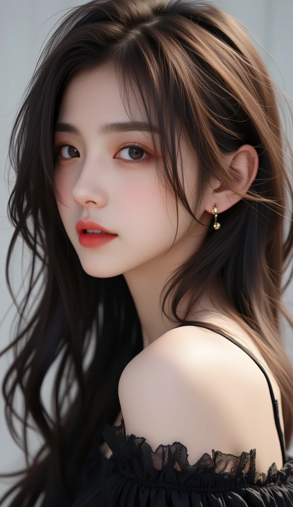 masterpiece, Highest quality, alone, One girl, Glowing Skin, Hoop Earrings, glamorous, Whimsical details, Slicked back hair, Fascinating, Shallow depth of field, Contrasting, Professional models, Facing forward, Portraiture 、((Completely naked))、(((nsfw)))